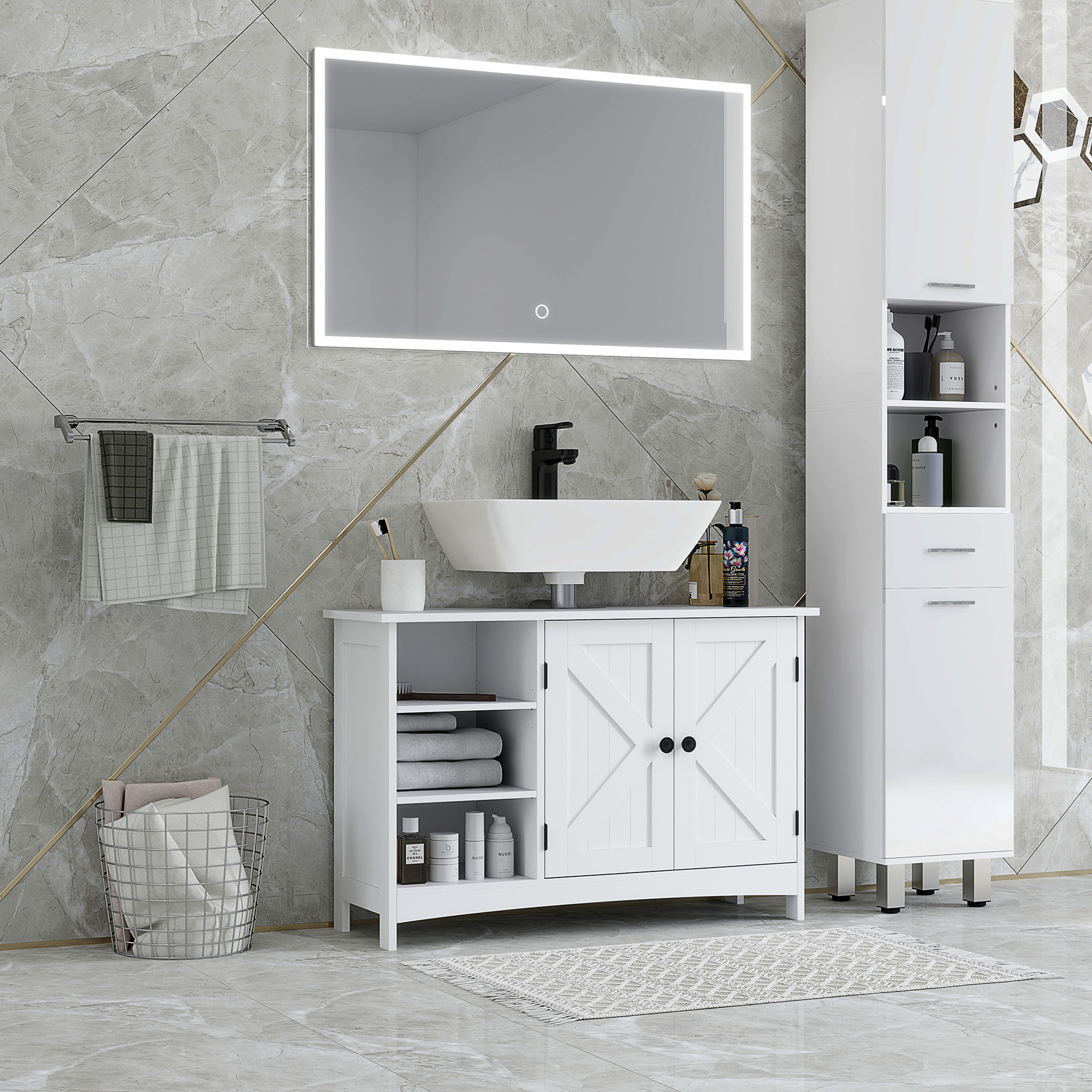 Bathroom Floor Cabinet With Two Doors And Adjustable Shelves White_voghion.com
