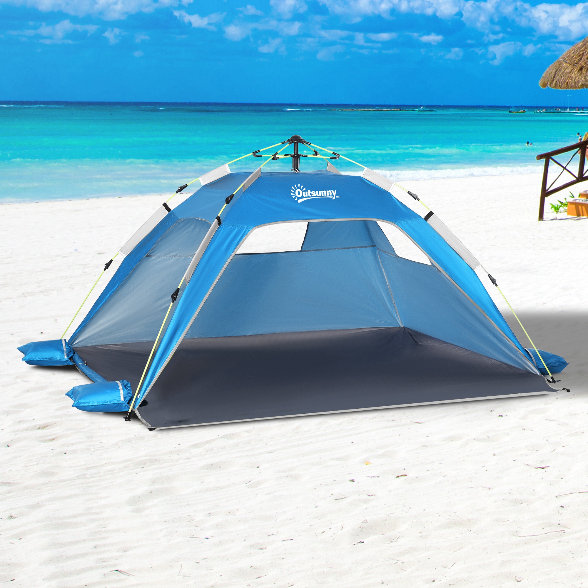 Carpa De Playa Pop-up Para 1-2 Personas Con 2 Accesos Y 2 Ventanas Y Bolsa De Transporte 220x173x120 Cm Azul Claro_ecoleips.com