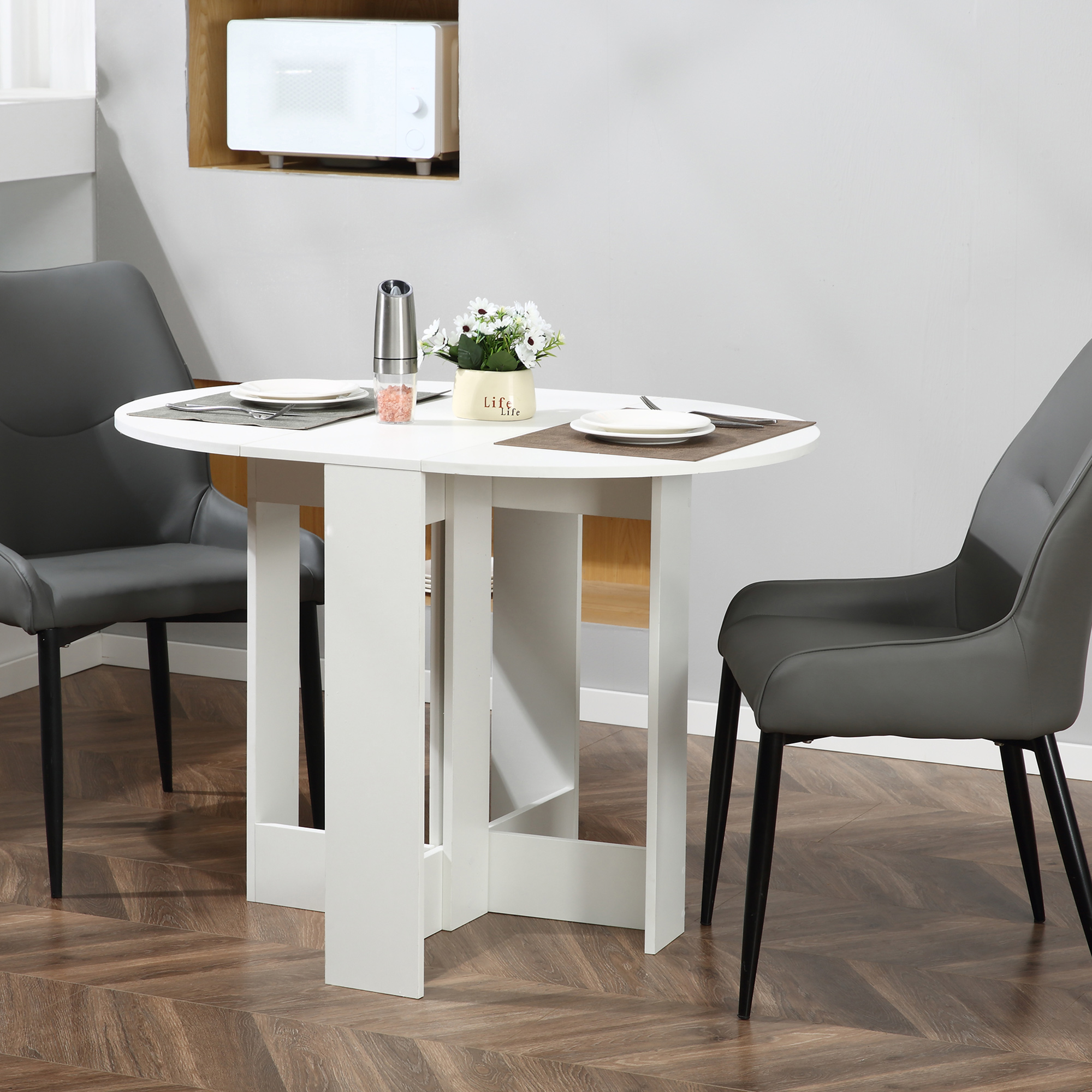 Klappbarer Küchen-Esstisch mit 2 Klappen – Ausziehbarer ovaler Tisch – 104 x 76 x 73,7 cm (L x T x H), weißes Holz_voghion.com