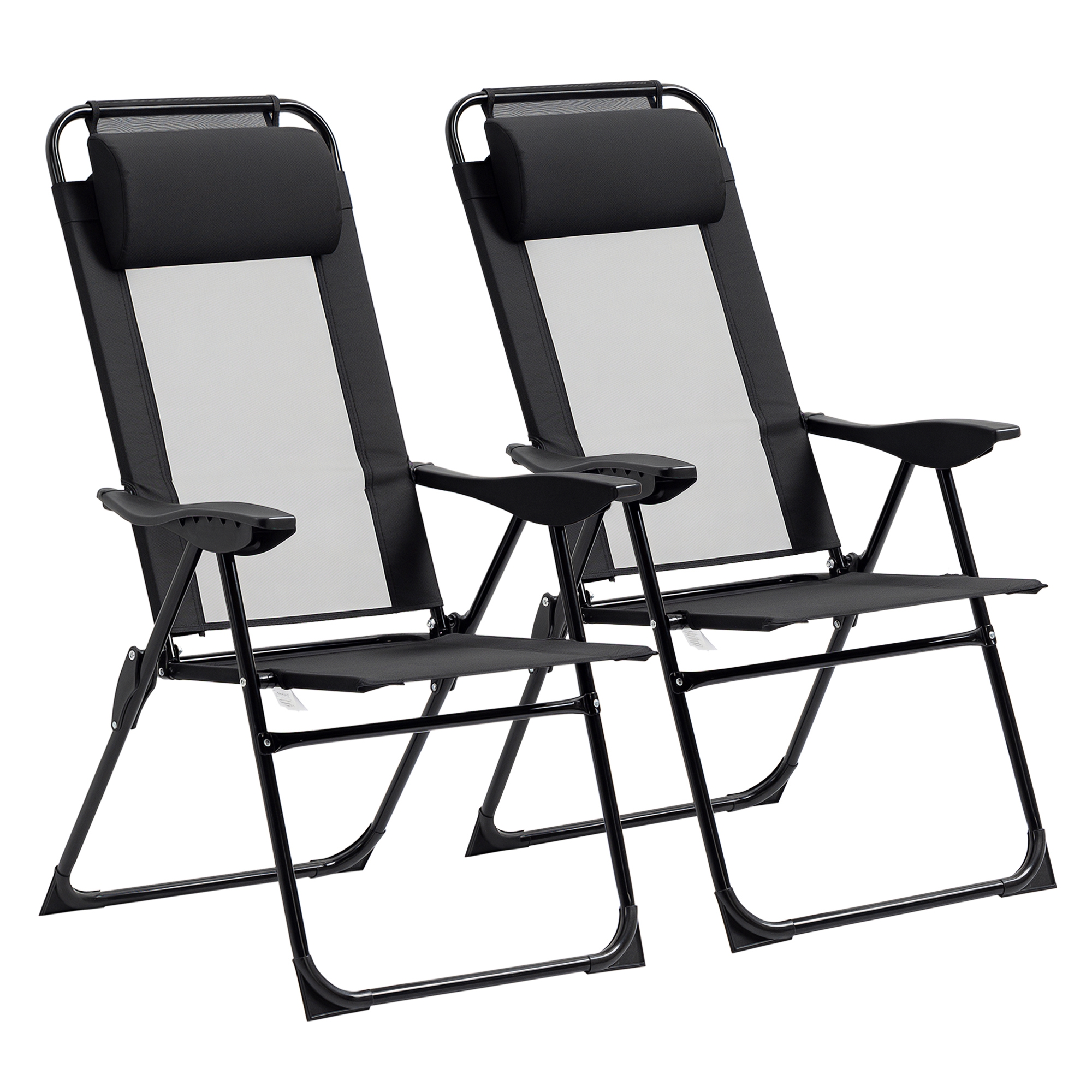 Folding Patio Dining Chairs Set of 2, Outdoor Deck Chair with Adjustable Sling Back, Camping Chair with Removable Headrest for Garden, Backyard, Lawn, Black