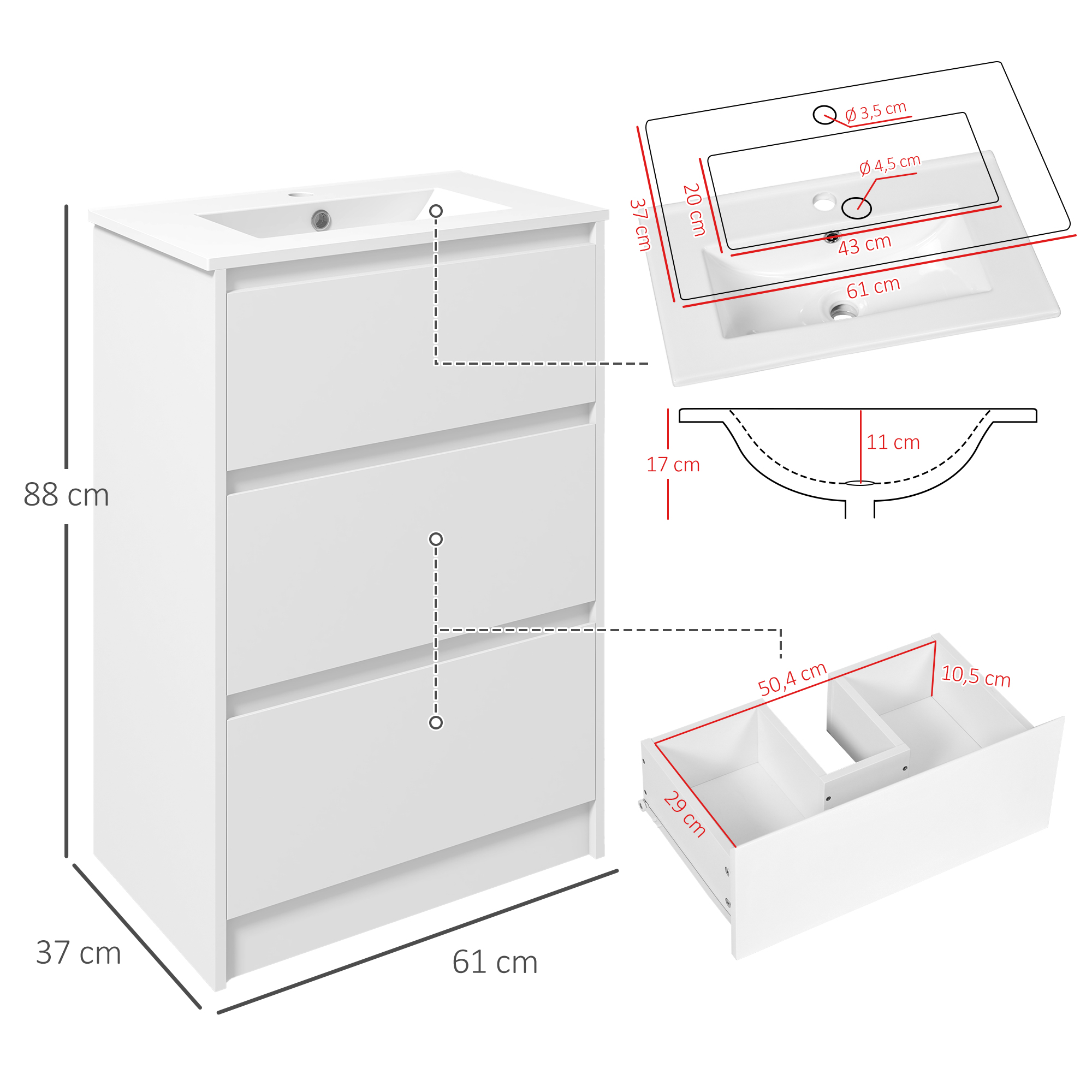 Bathroom Vanity Cabinet With Ceramic Basin And 2 Drawers White_voghion.com