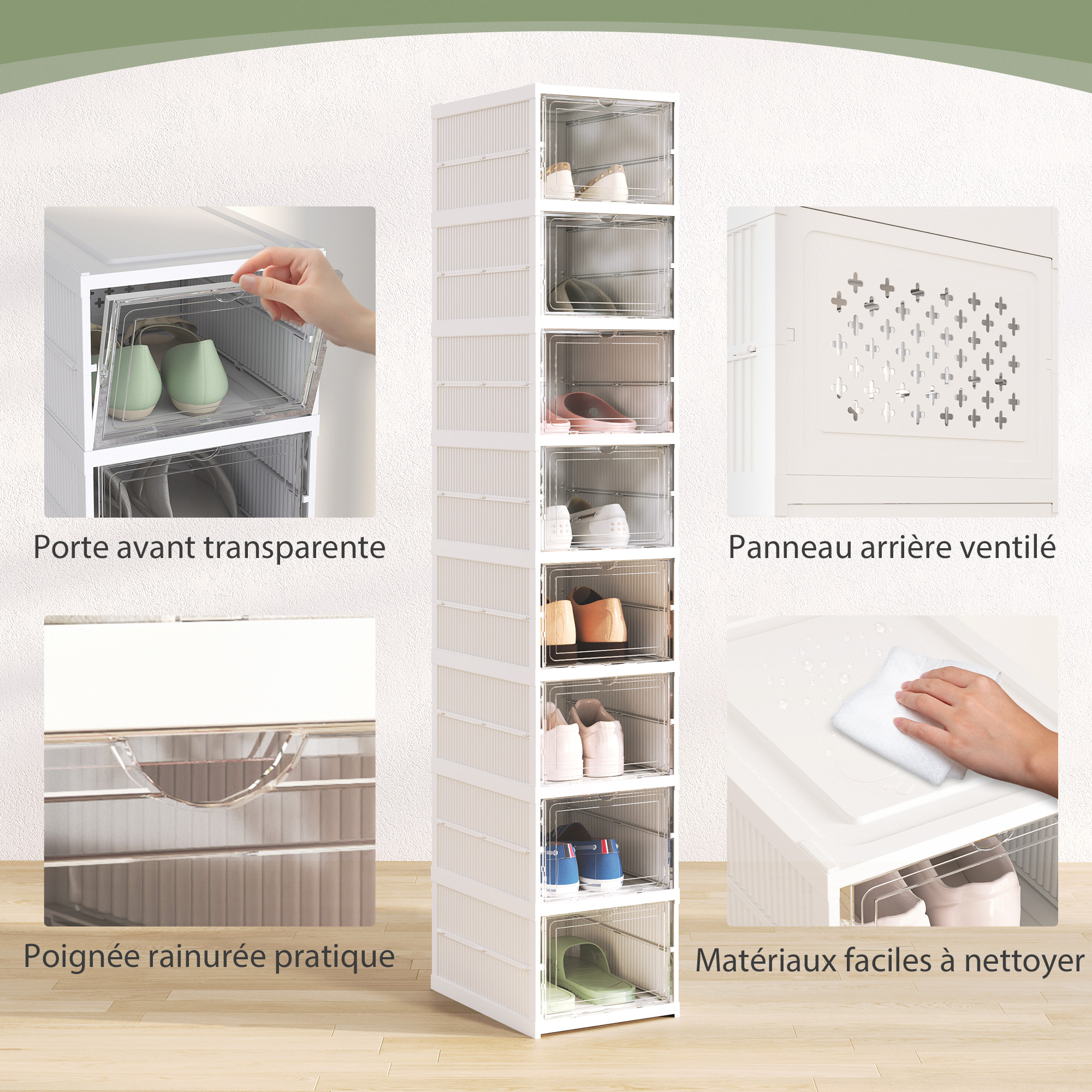 Set mit 8 faltbaren, stapelbaren Schuhboxen aus Kunststoff mit Deckel, für Schuhgrößen bis 43, weiß_voghion.com