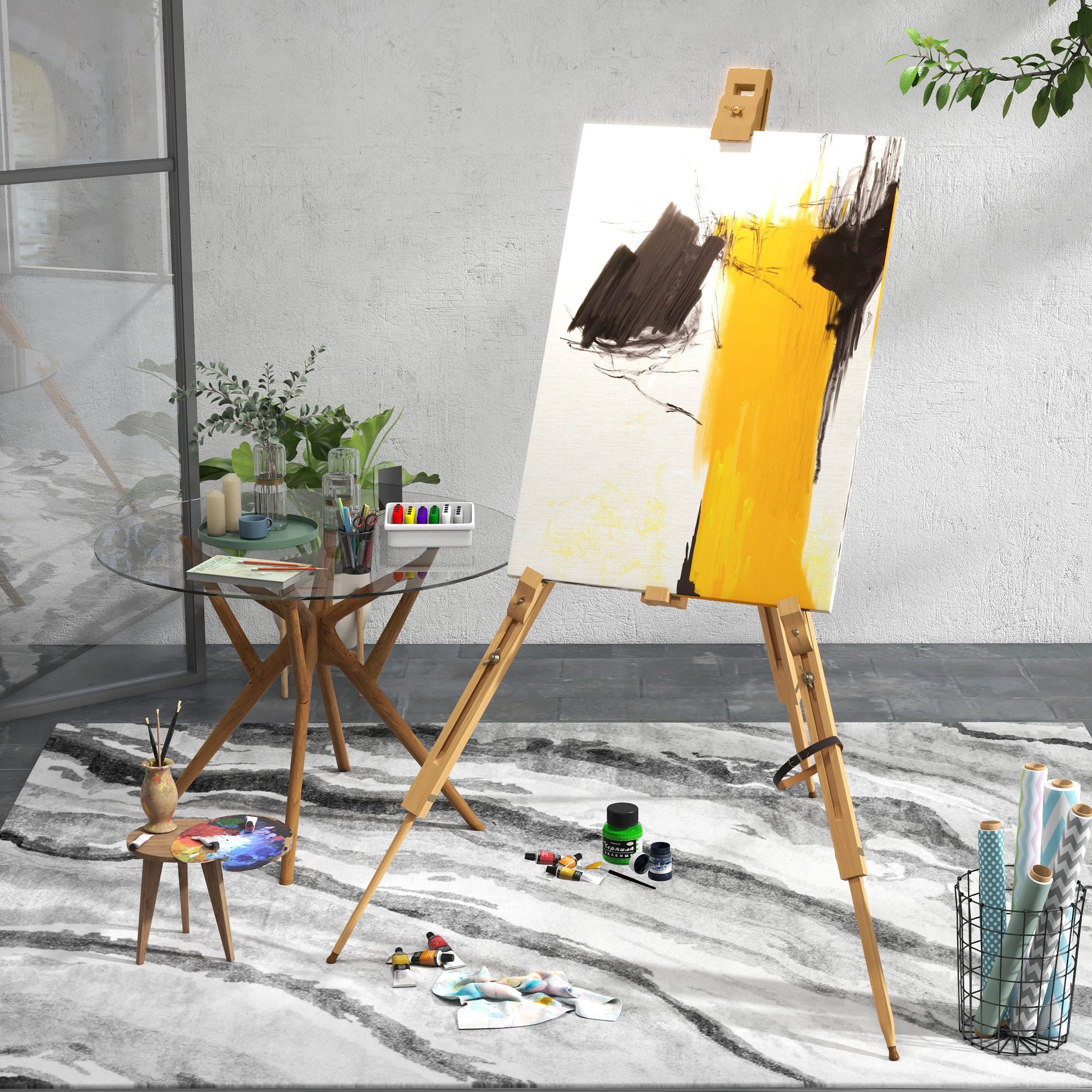 Staffelei, höhenverstellbar, zusammenklappbar, aus naturbelassenem Buchenholz, für Leinwände bis 107 cm Höhe_voghion.com