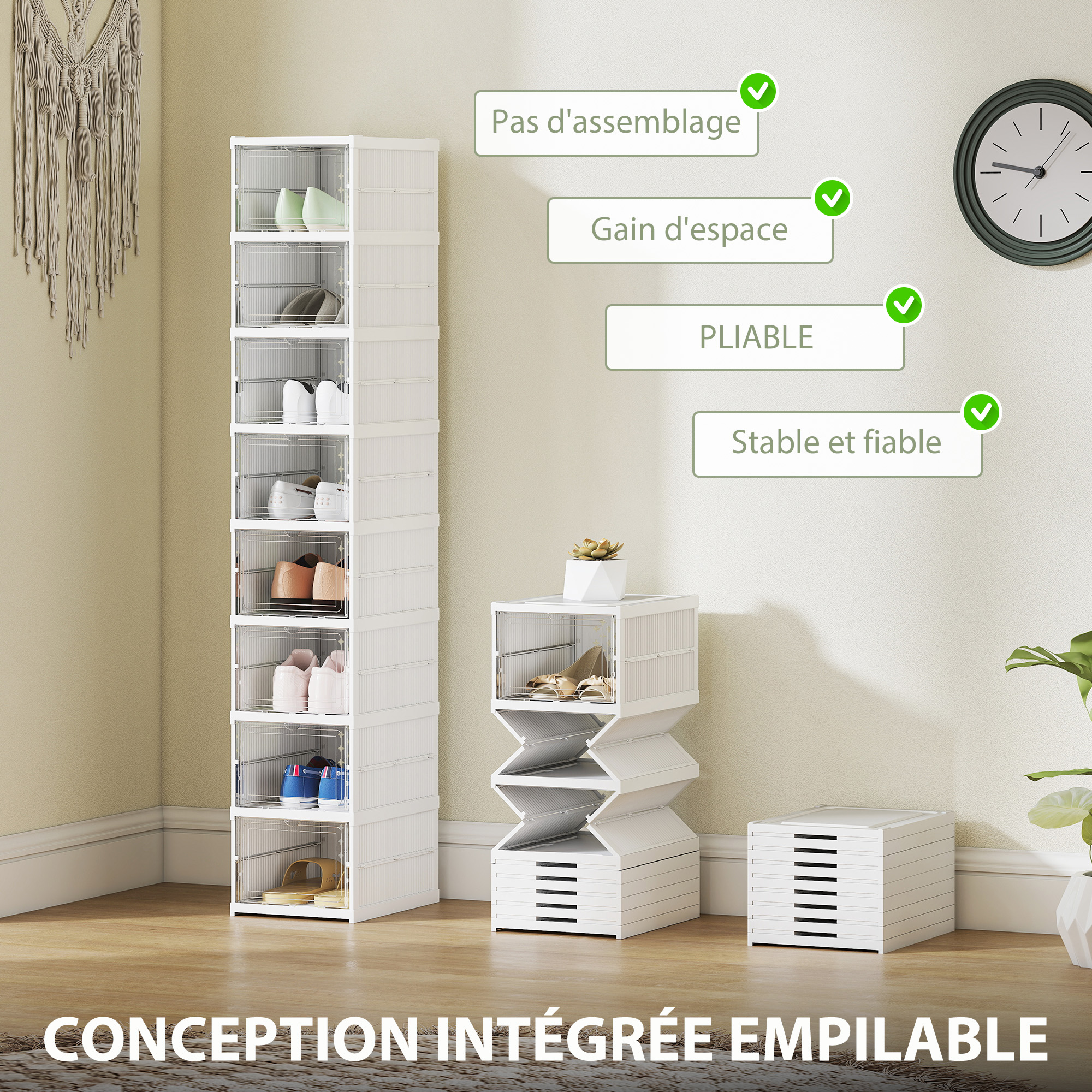 Set mit 8 faltbaren, stapelbaren Schuhboxen aus Kunststoff mit Deckel, für Schuhgrößen bis 43, weiß_voghion.com