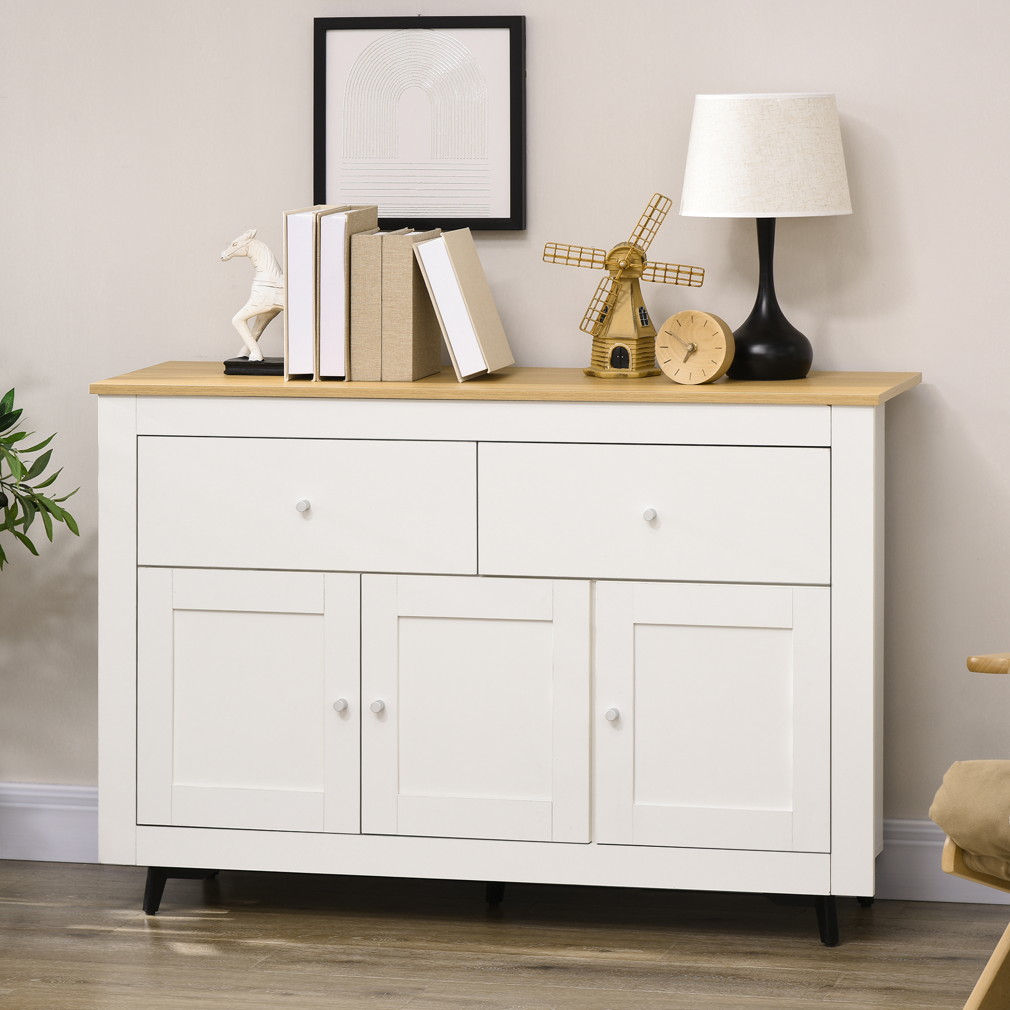 White Kitchen Sideboard With 3 Doors And 2 Drawers Adjustable Shelf_voghion.com