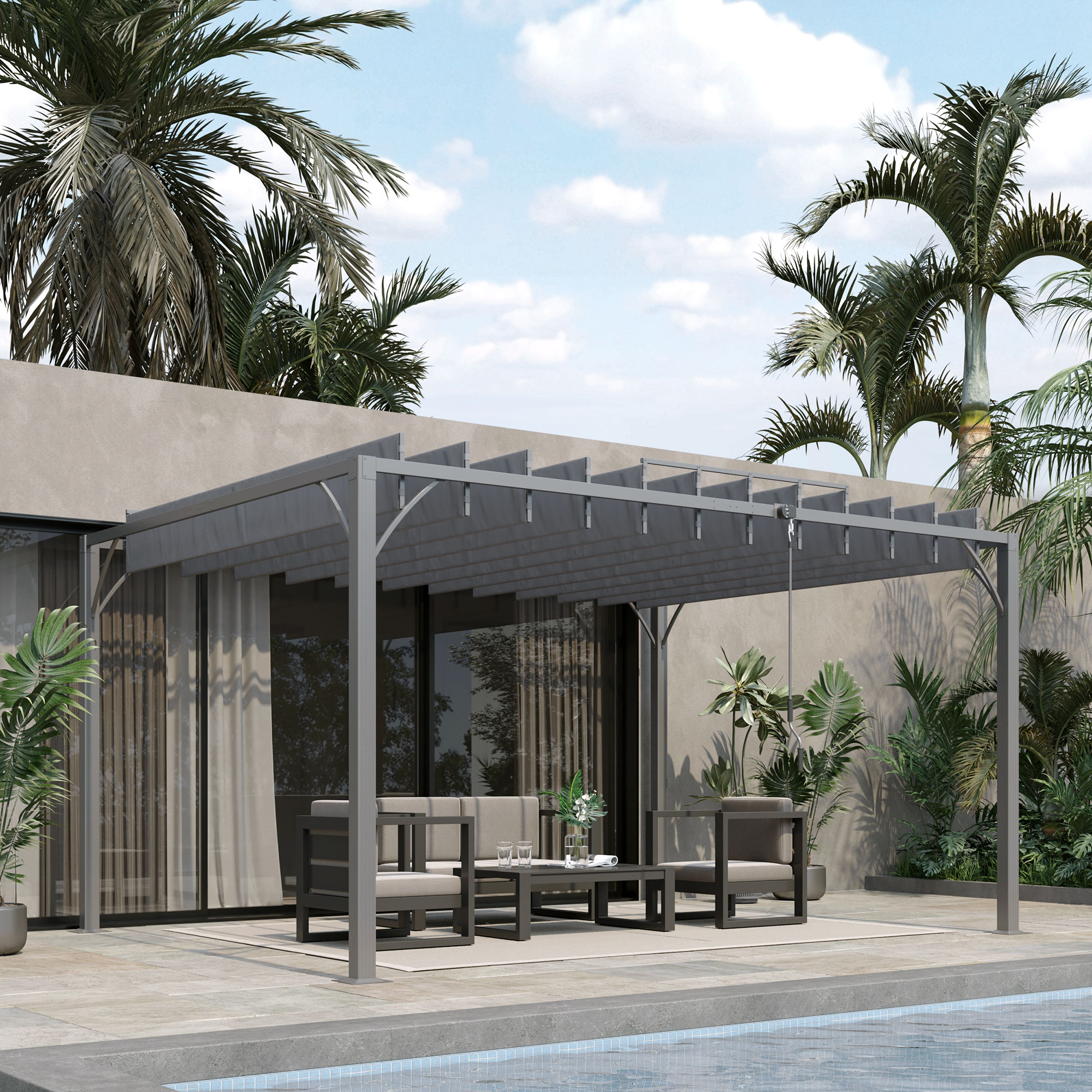 Pergola 4x3 m installata in giardino con arredo esterno