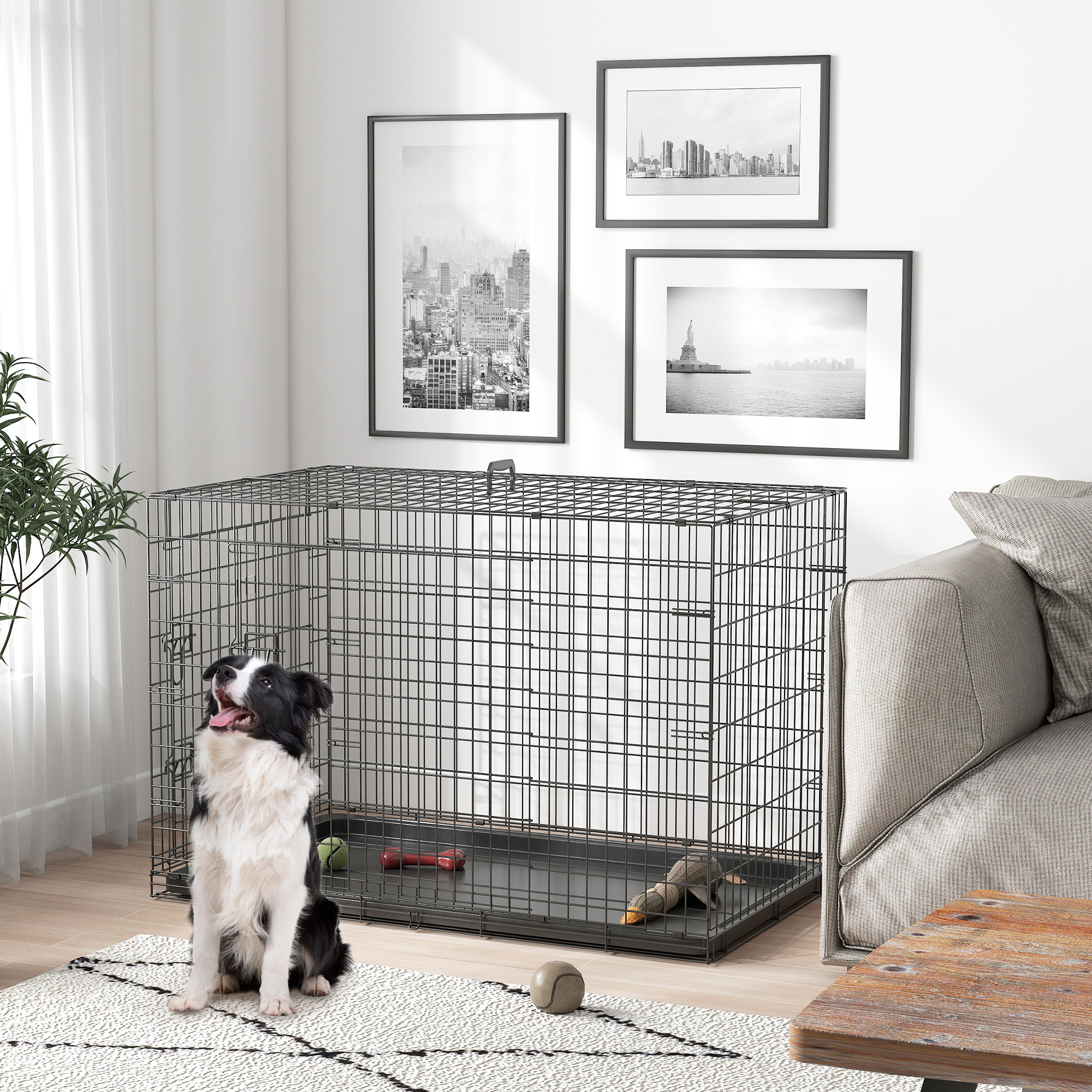Dog Cage Medium Folding Wire With 2 Doors And Removable Tray_voghion.com