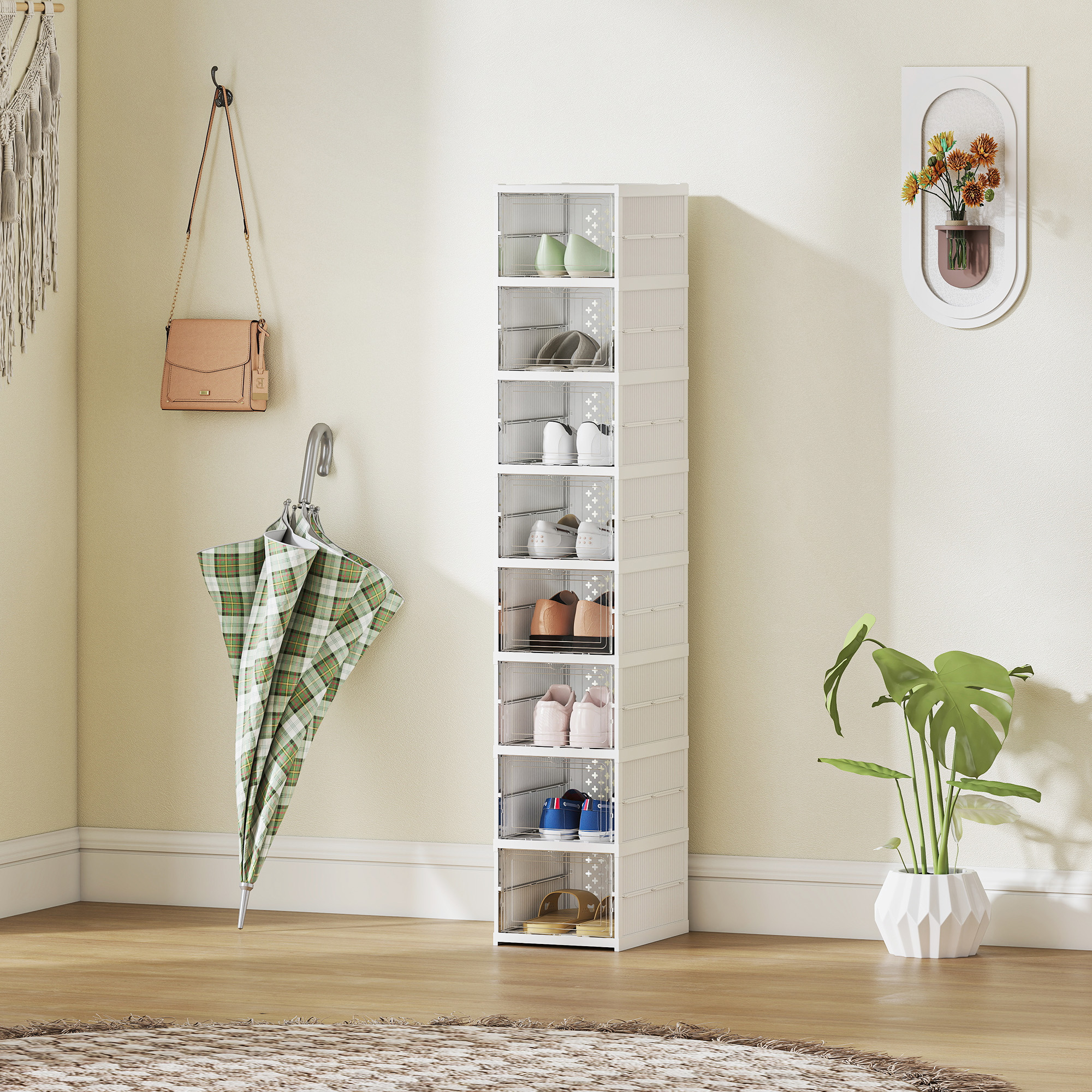 Modulares Schuhregal mit 8 stapelbaren Schuhboxen, platzsparender, faltbarer Schuhorganizer mit transparenter Rückwand, kein Aufbau erforderlich, weiß_voghion.com