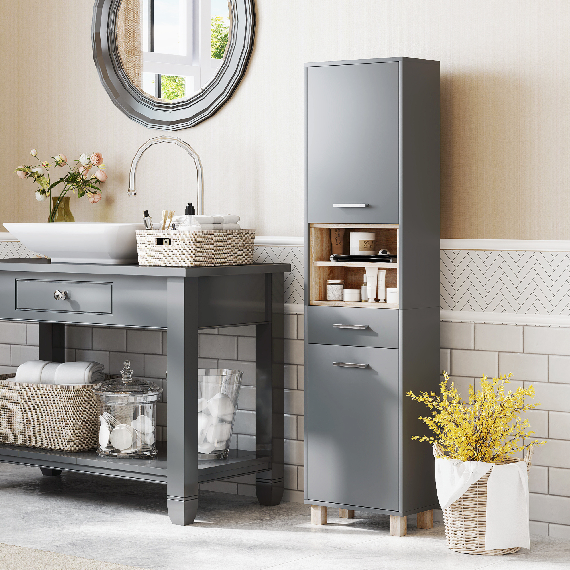 Détail des rangements : placards, tiroirs, étagères