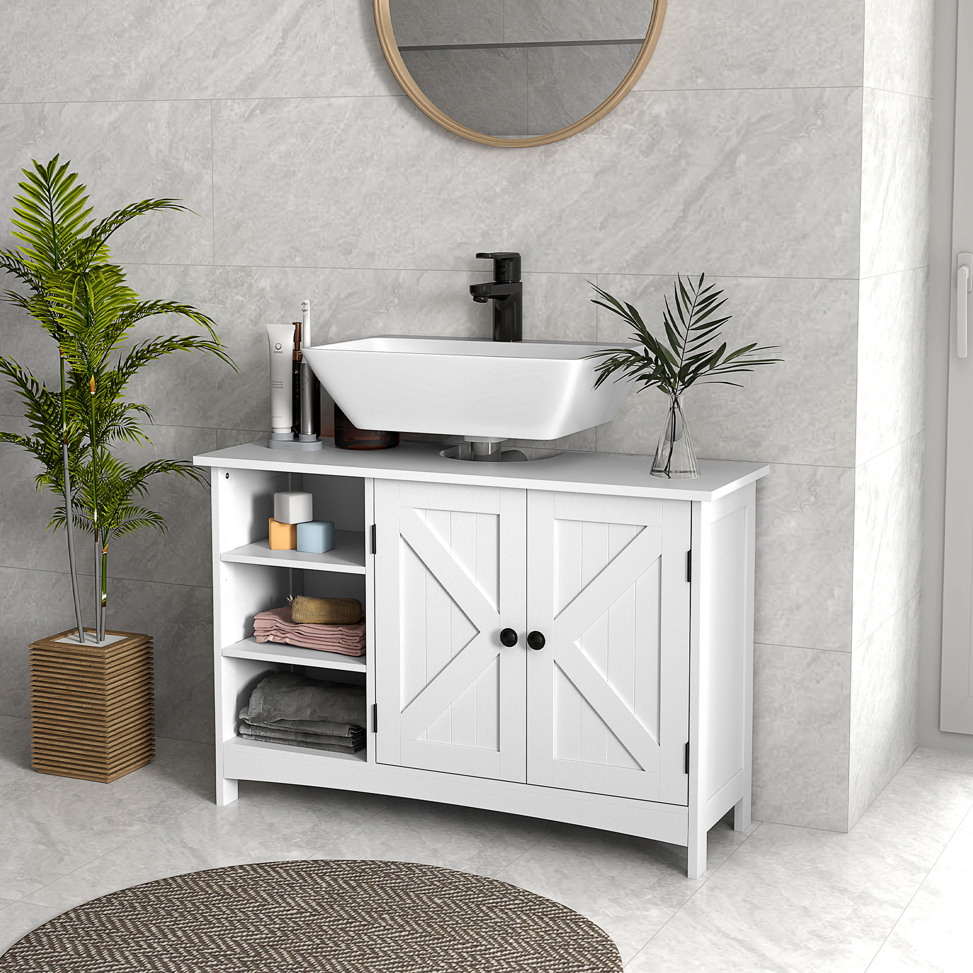 Bathroom Floor Cabinet With Two Doors And Adjustable Shelves White_voghion.com