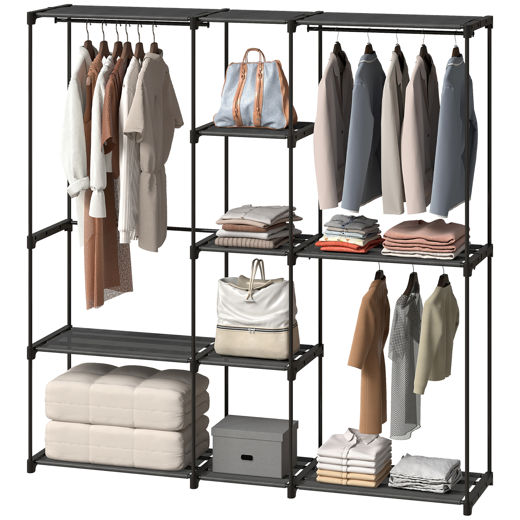 Wardrobe – Fabric Rod + Shelves, 182x43x185cm, Black, Large Capacity_voghion.com
