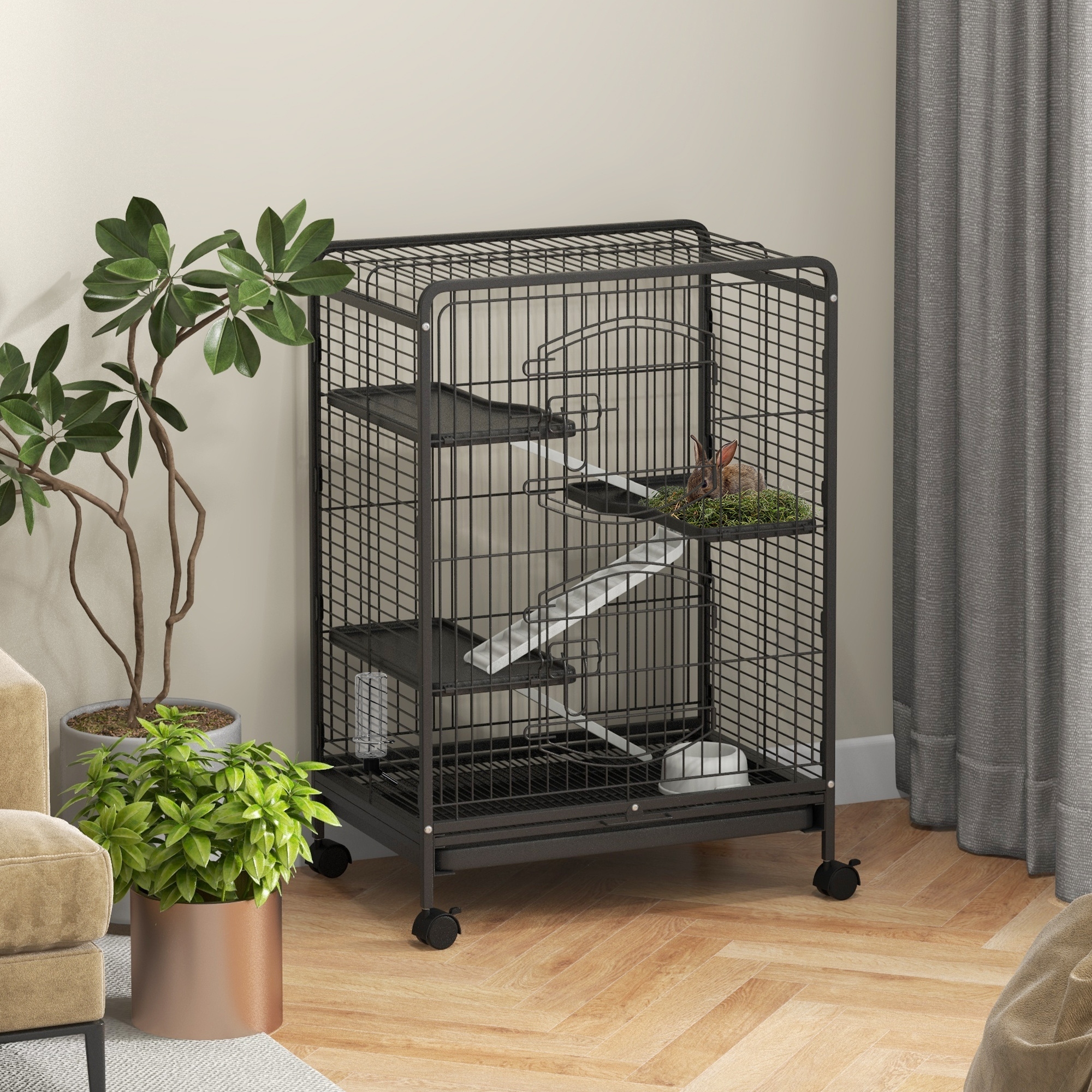 Rodent Cage With Wheels 3 Platforms Tray Feeder And Water Bottle_voghion.com