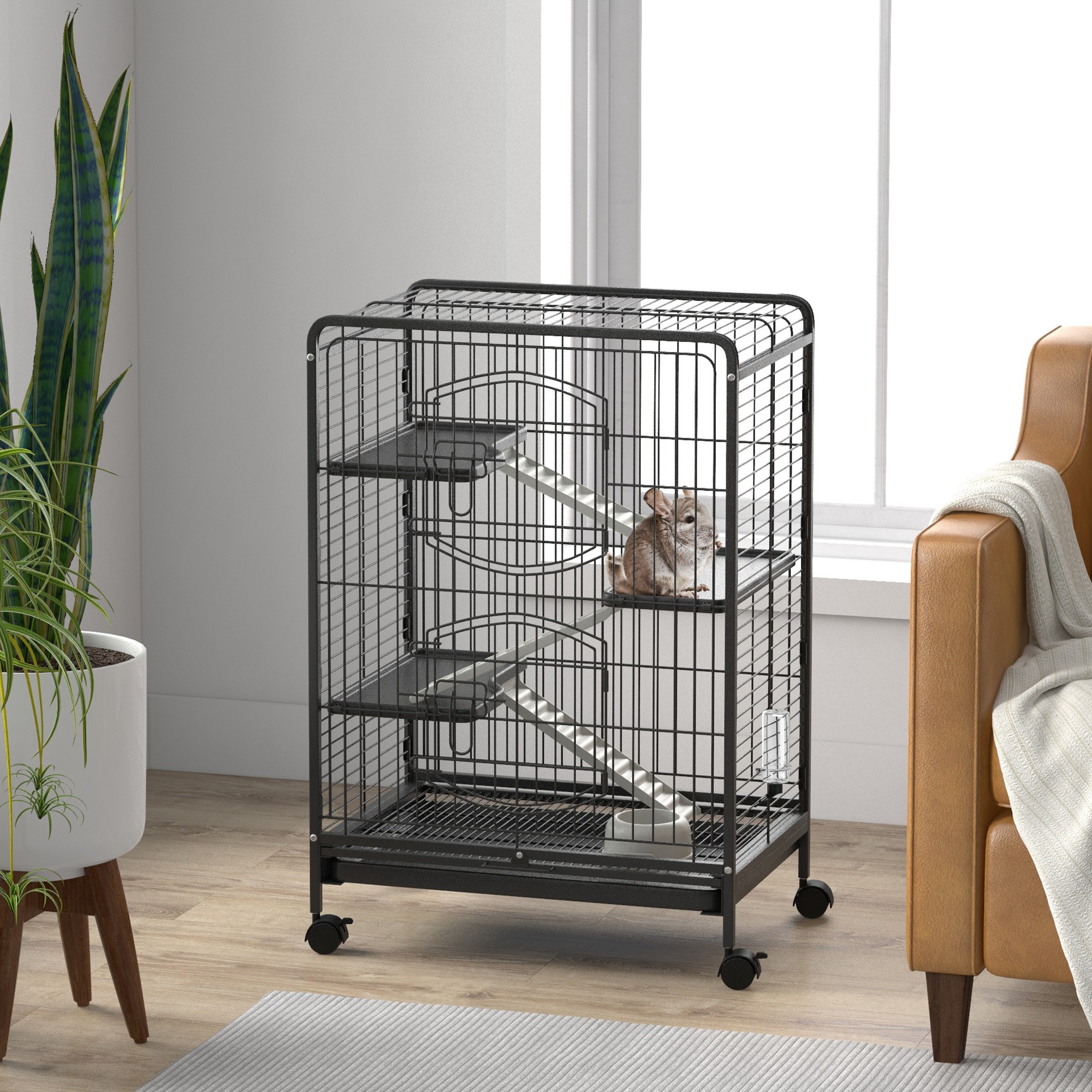 Rodent Cage With Wheels 3 Platforms Tray Feeder And Water Bottle_voghion.com