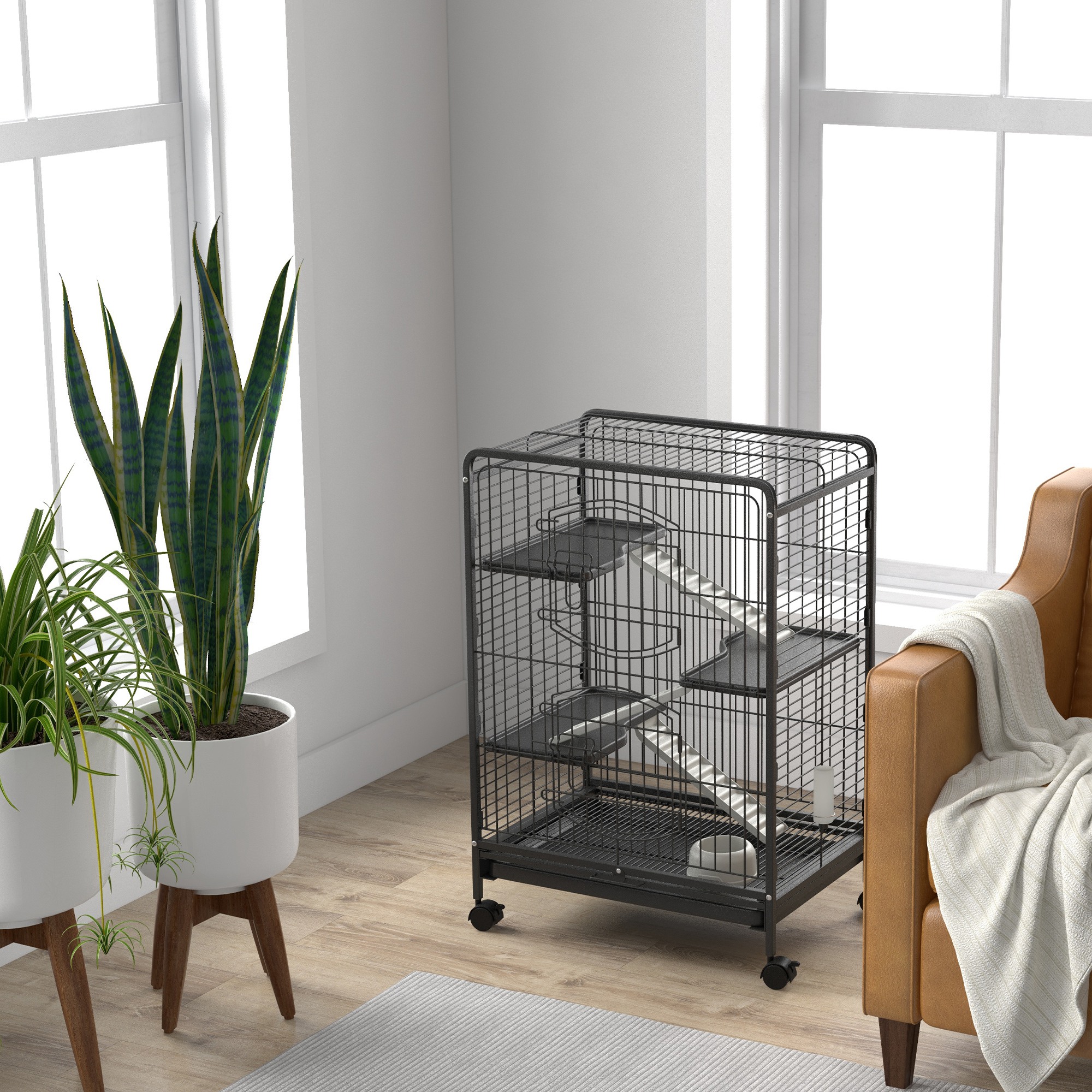 Rodent Cage With Wheels 3 Platforms Tray Feeder And Water Bottle_voghion.com