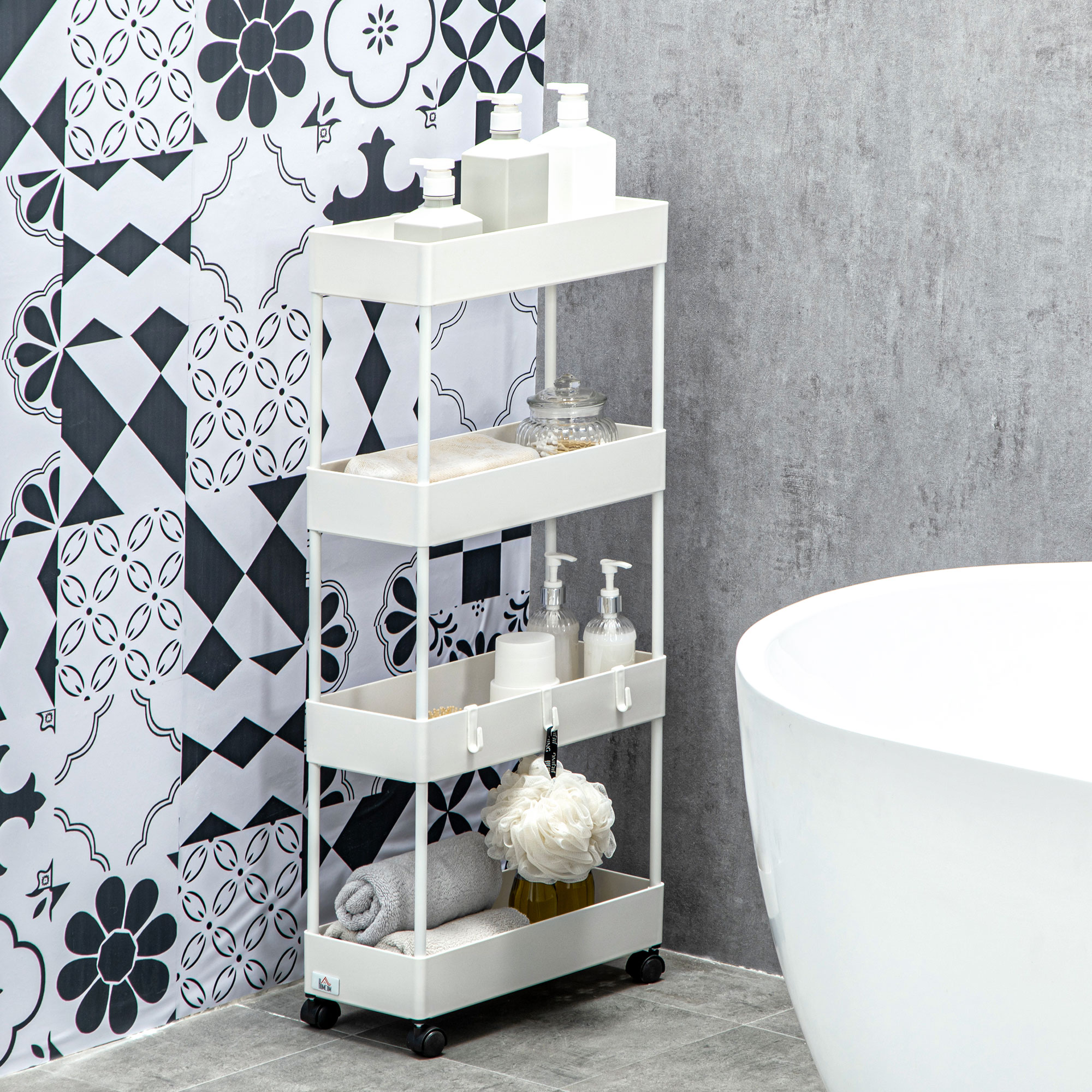 4-stöckiger Rollwagen mit herausnehmbaren Körben und Haken, weiß_voghion.com