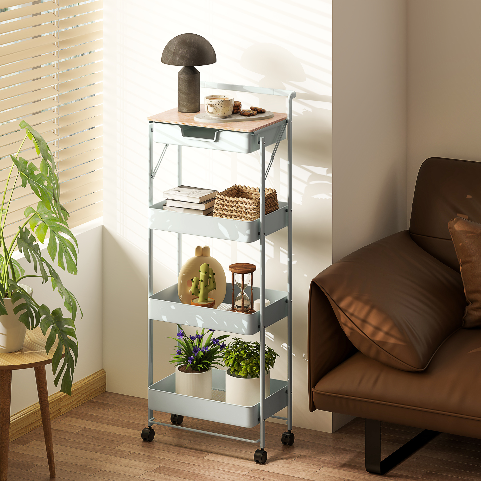 4-stöckiger Rollwagen mit Schublade, Ablage und Körben, Grün_voghion.com