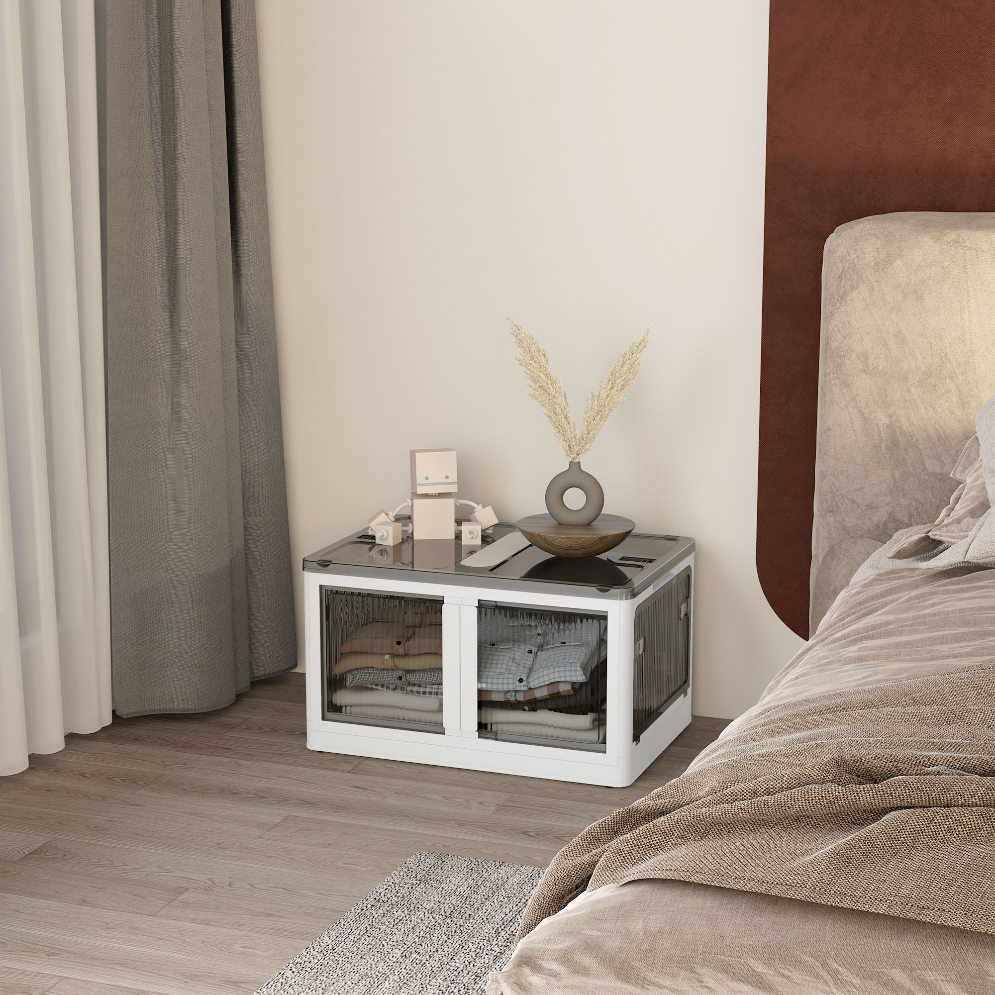 Faltbare und stapelbare 69-Liter-Aufbewahrungsbox aus Kunststoff mit Deckel und 4 Rollen, 5-seitiger Zugriff, weiß_voghion.com