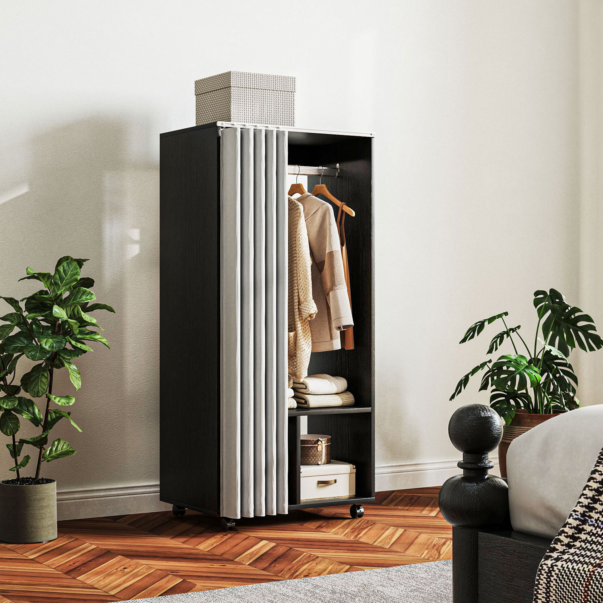 Armoire – Mobile en panneaux de particules, rideau + tringle, noir_voghion.com