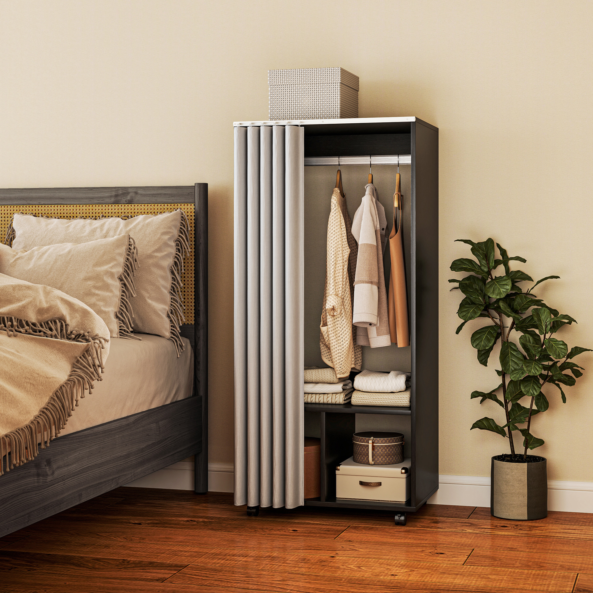 Armoire – Mobile en panneaux de particules, rideau + tringle, noir_voghion.com