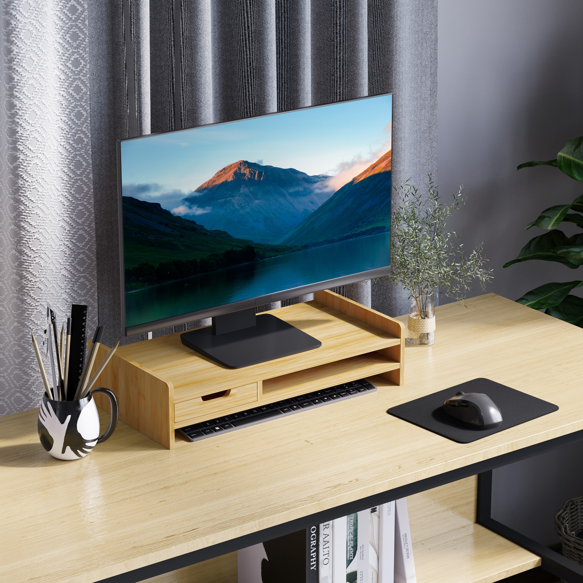 Bildschirmhalterung, Laptopständer, TV-Büro-Computer-Organizer mit Schublade aus Bambus_voghion.com