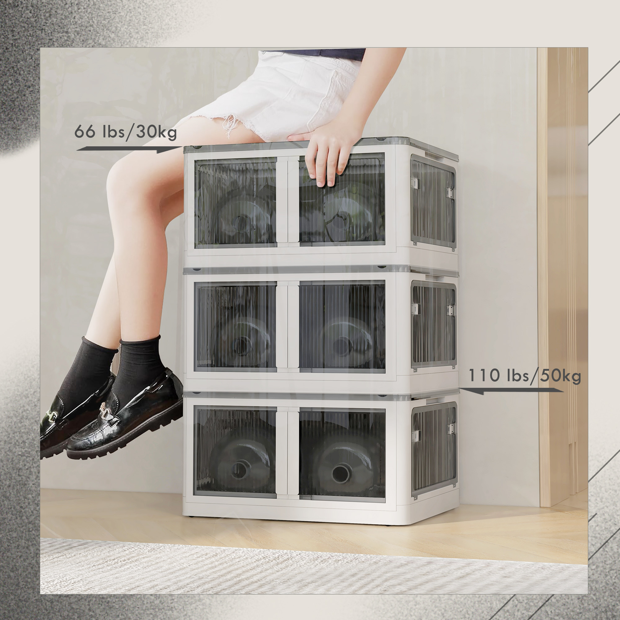 Faltbare und stapelbare 69-Liter-Aufbewahrungsbox aus Kunststoff mit Deckel und 4 Rollen, 5-seitiger Zugriff, weiß_voghion.com