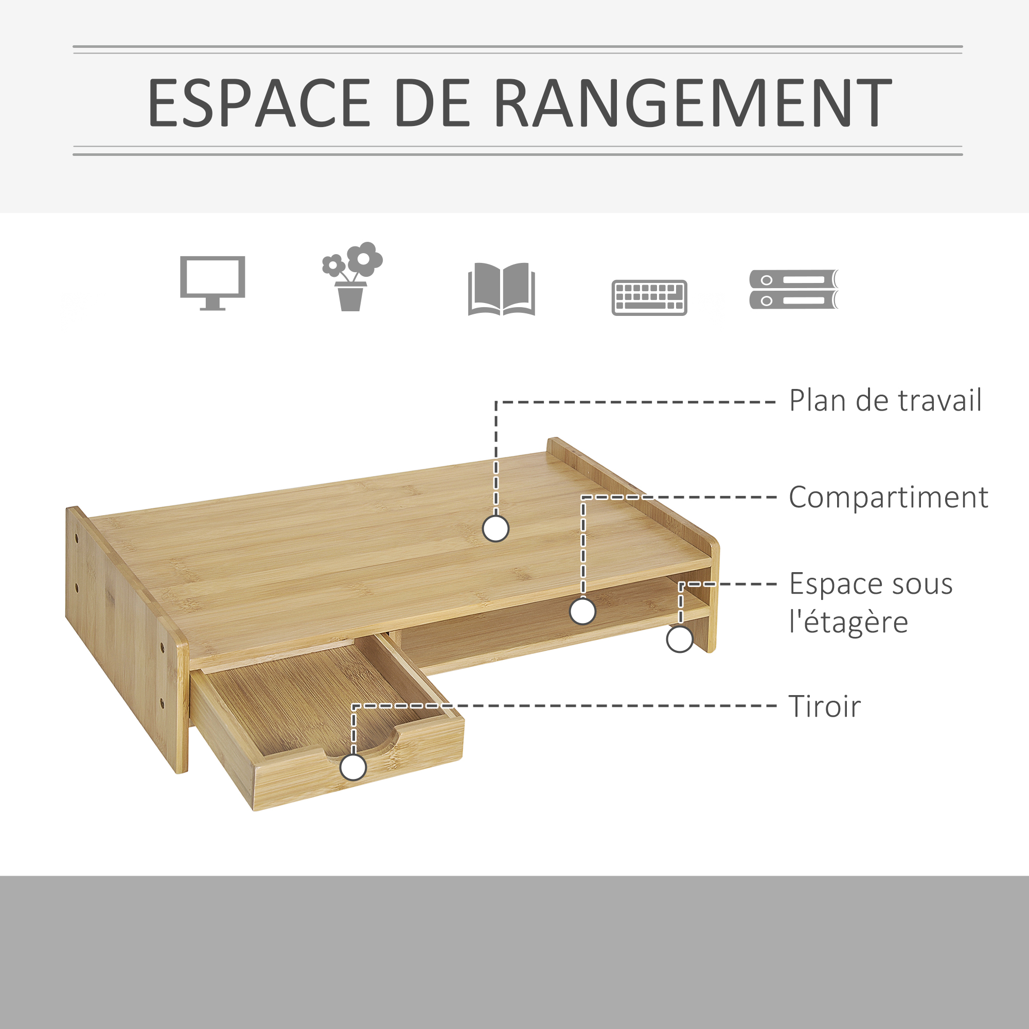 Bildschirmhalterung, Laptopständer, TV-Büro-Computer-Organizer mit Schublade aus Bambus_voghion.com