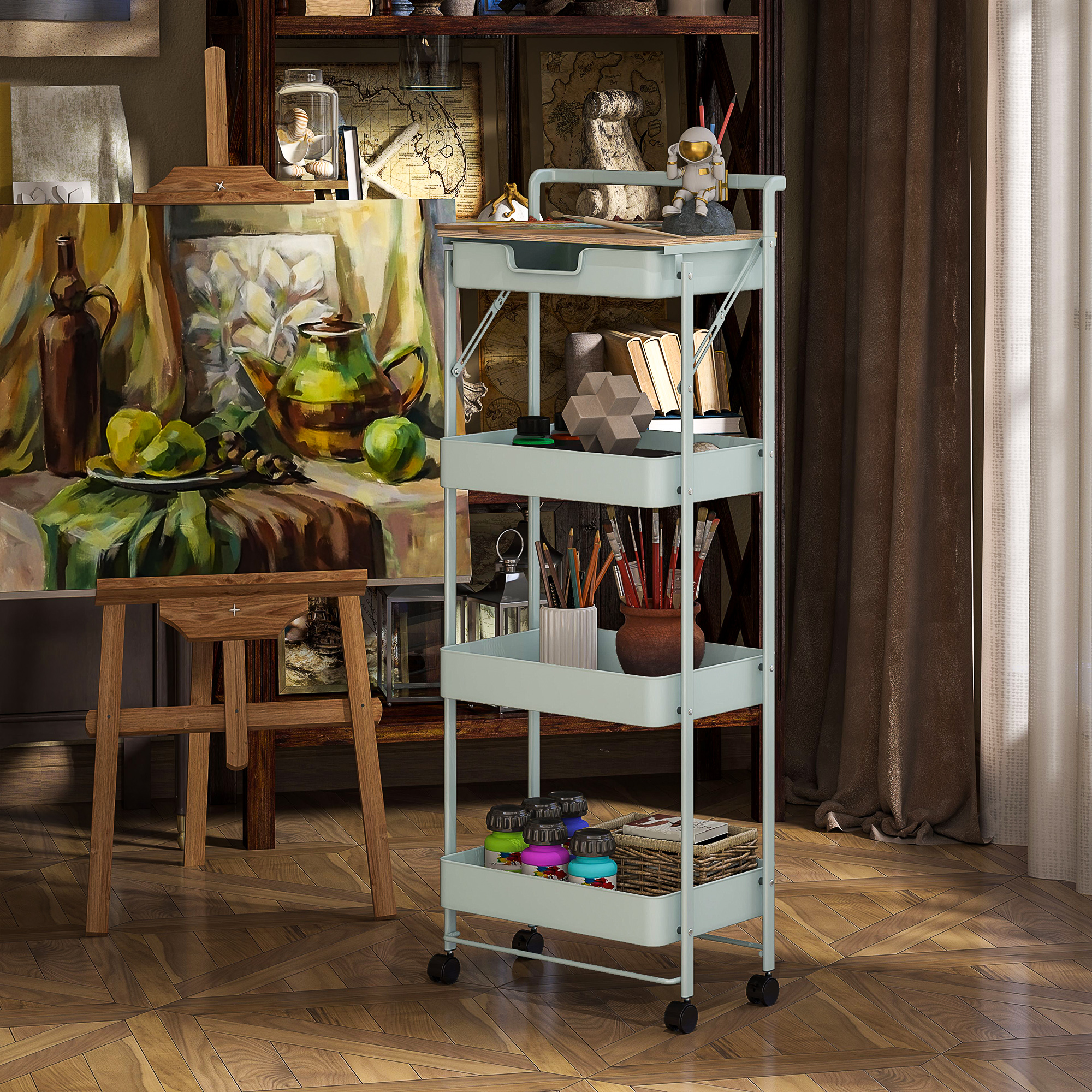 4-stöckiger Rollwagen mit Schublade, Ablage und Körben, Grün_voghion.com