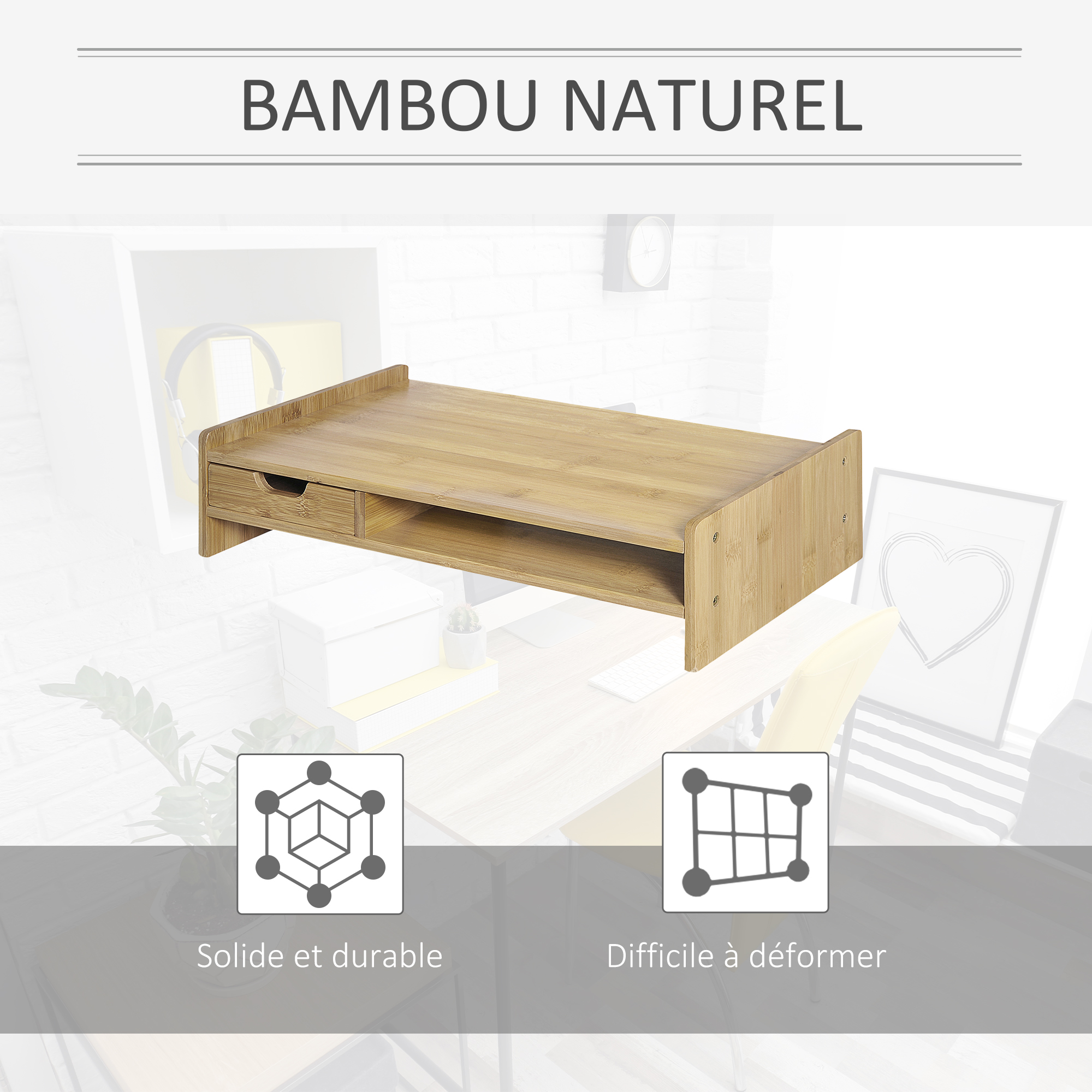 Bildschirmhalterung, Laptopständer, TV-Büro-Computer-Organizer mit Schublade aus Bambus_voghion.com