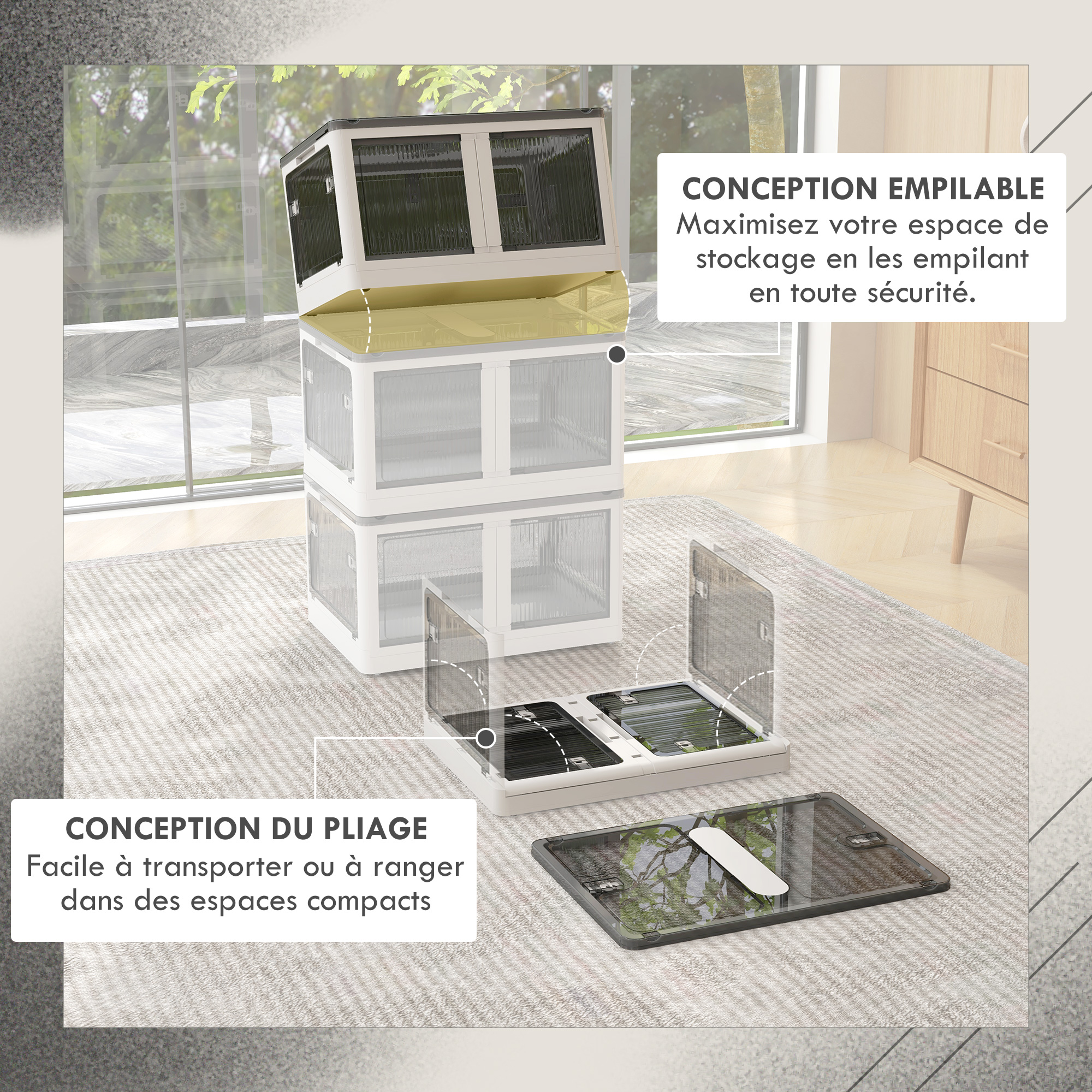 Faltbare und stapelbare 69-Liter-Aufbewahrungsbox aus Kunststoff mit Deckel und 4 Rollen, 5-seitiger Zugriff, weiß_voghion.com