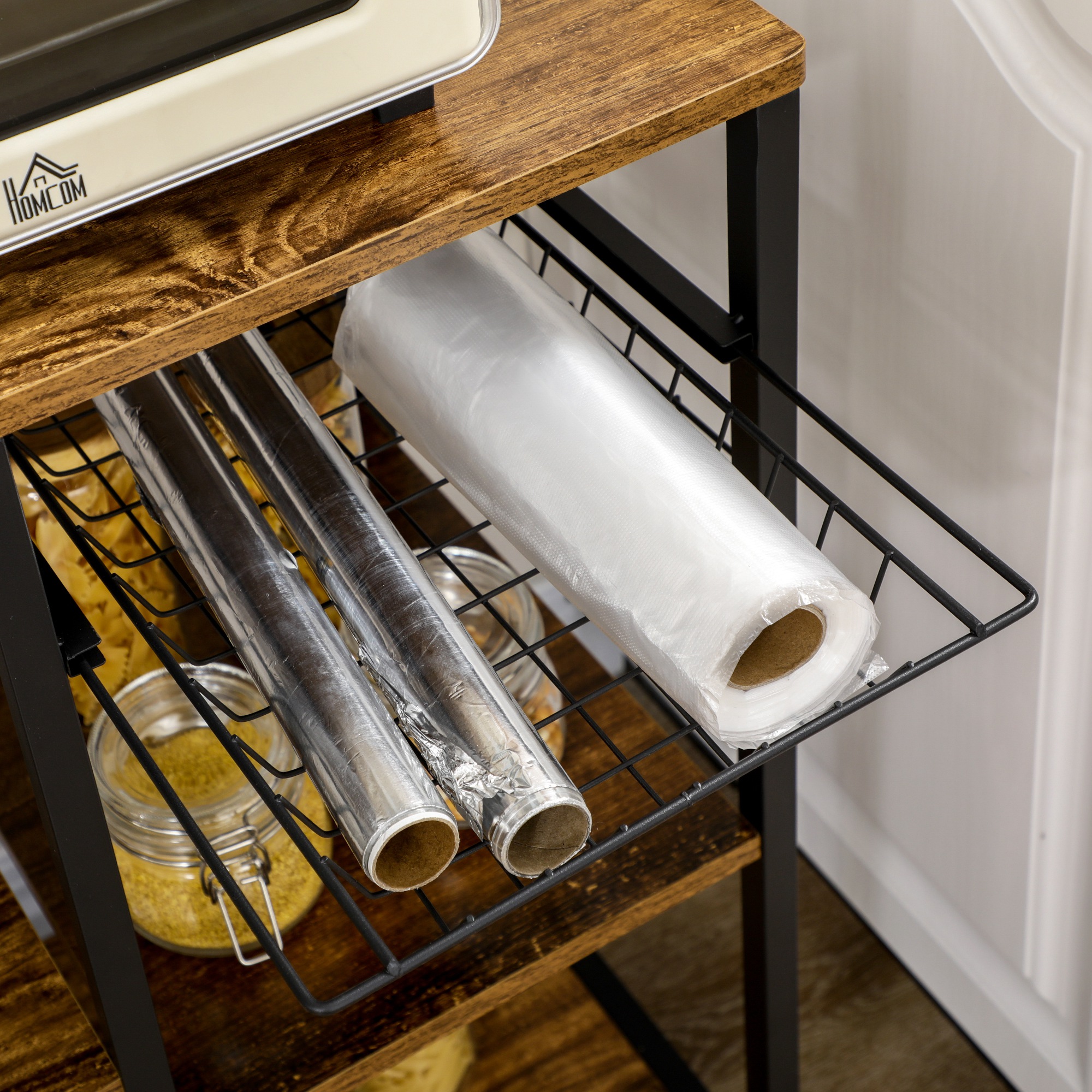 Rustic Kitchen Microwave Stand With Usb Charging Port And Hooks_voghion.com