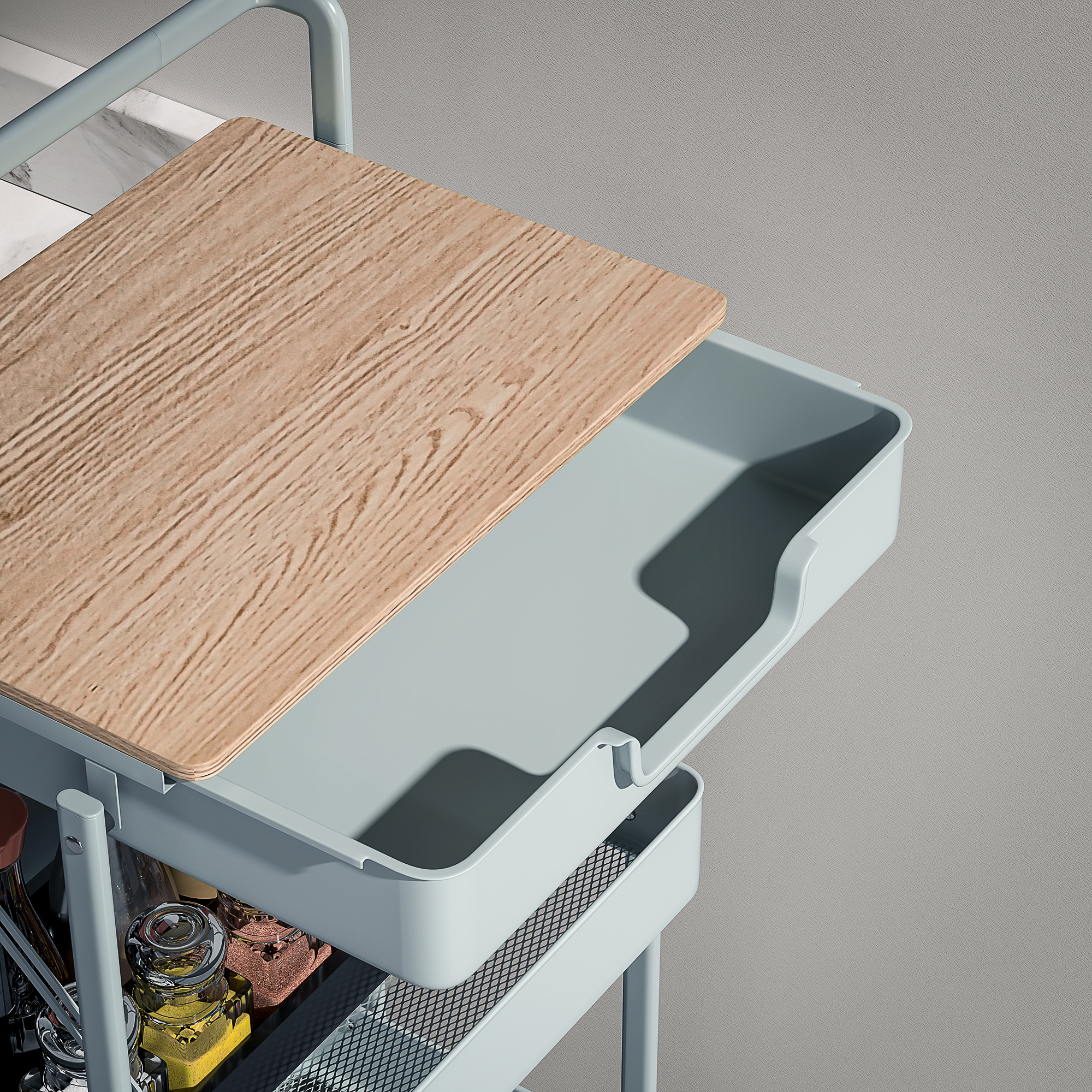 4-stöckiger Rollwagen mit Schublade, Ablage und Körben, Grün_voghion.com