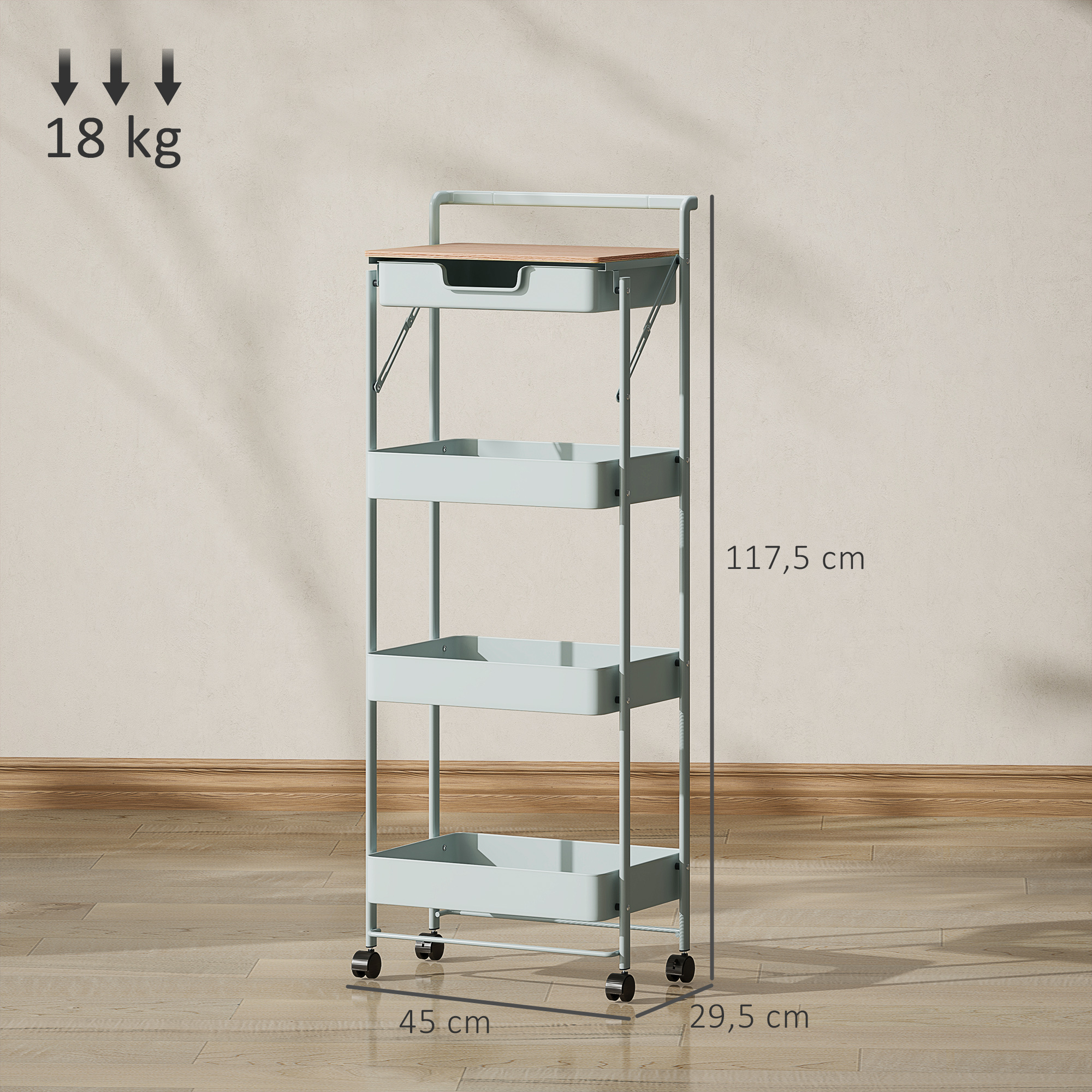 4-stöckiger Rollwagen mit Schublade, Ablage und Körben, Grün_voghion.com