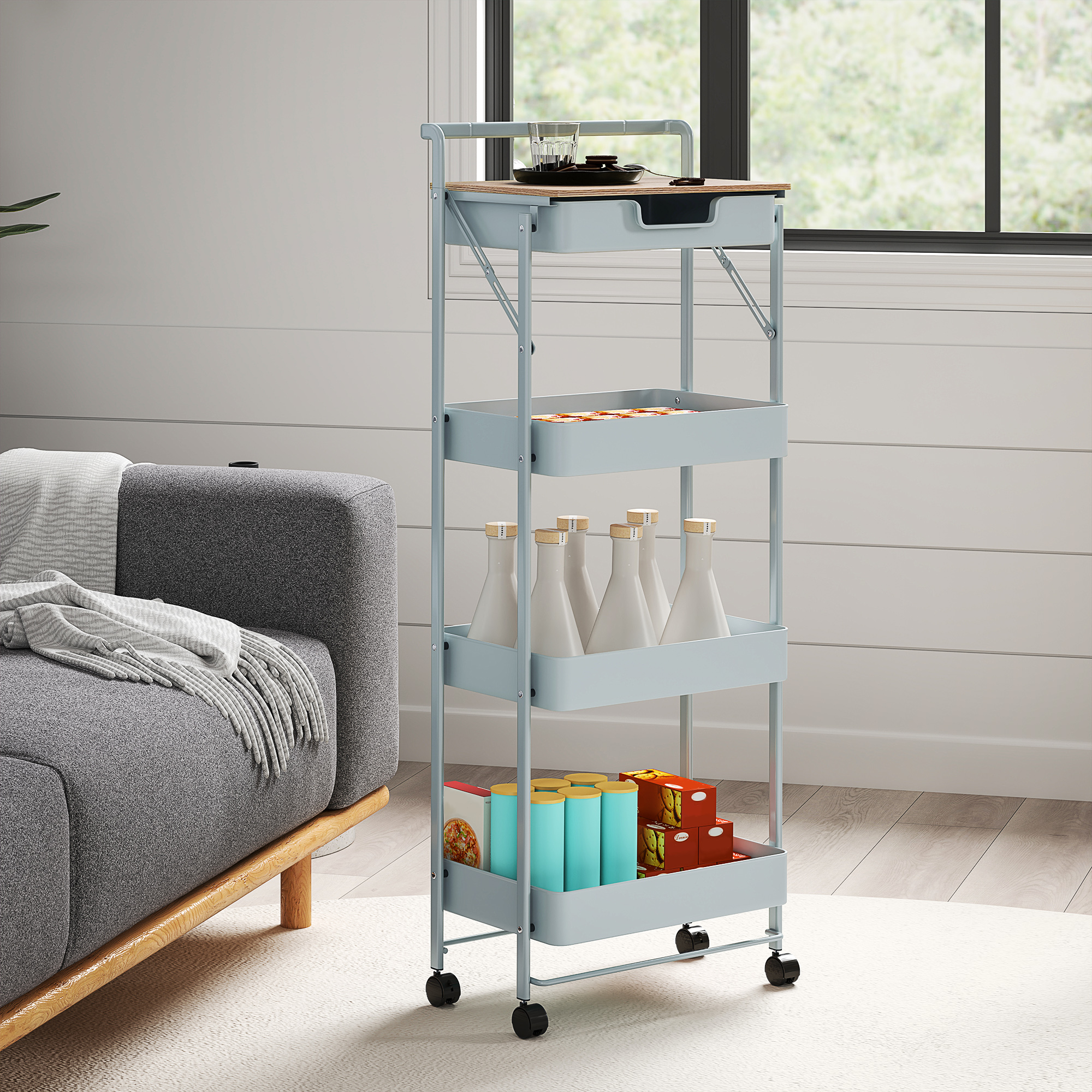 4-stöckiger Rollwagen mit Schublade, Ablage und Körben, Grün_voghion.com