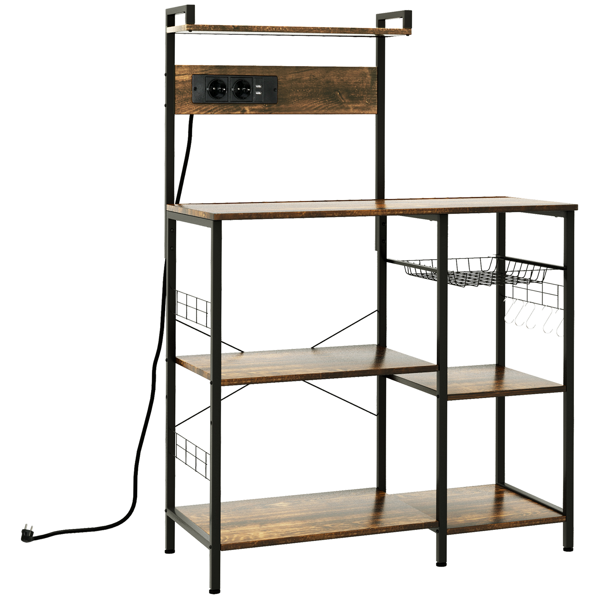 Estantería De Cocina Para Microondas Con Toma De Corriente Cargador USB 5 Ganchos 90x42x130 Cm Marrón Rústico_voghion.com