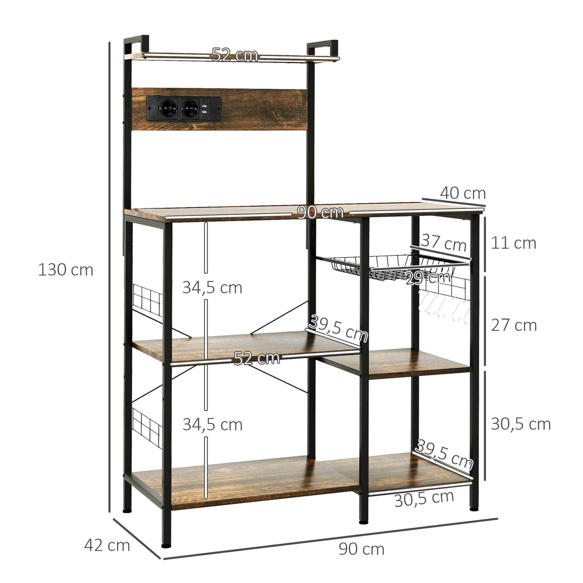 Rustic Kitchen Microwave Stand With Usb Charging Port And Hooks_voghion.com