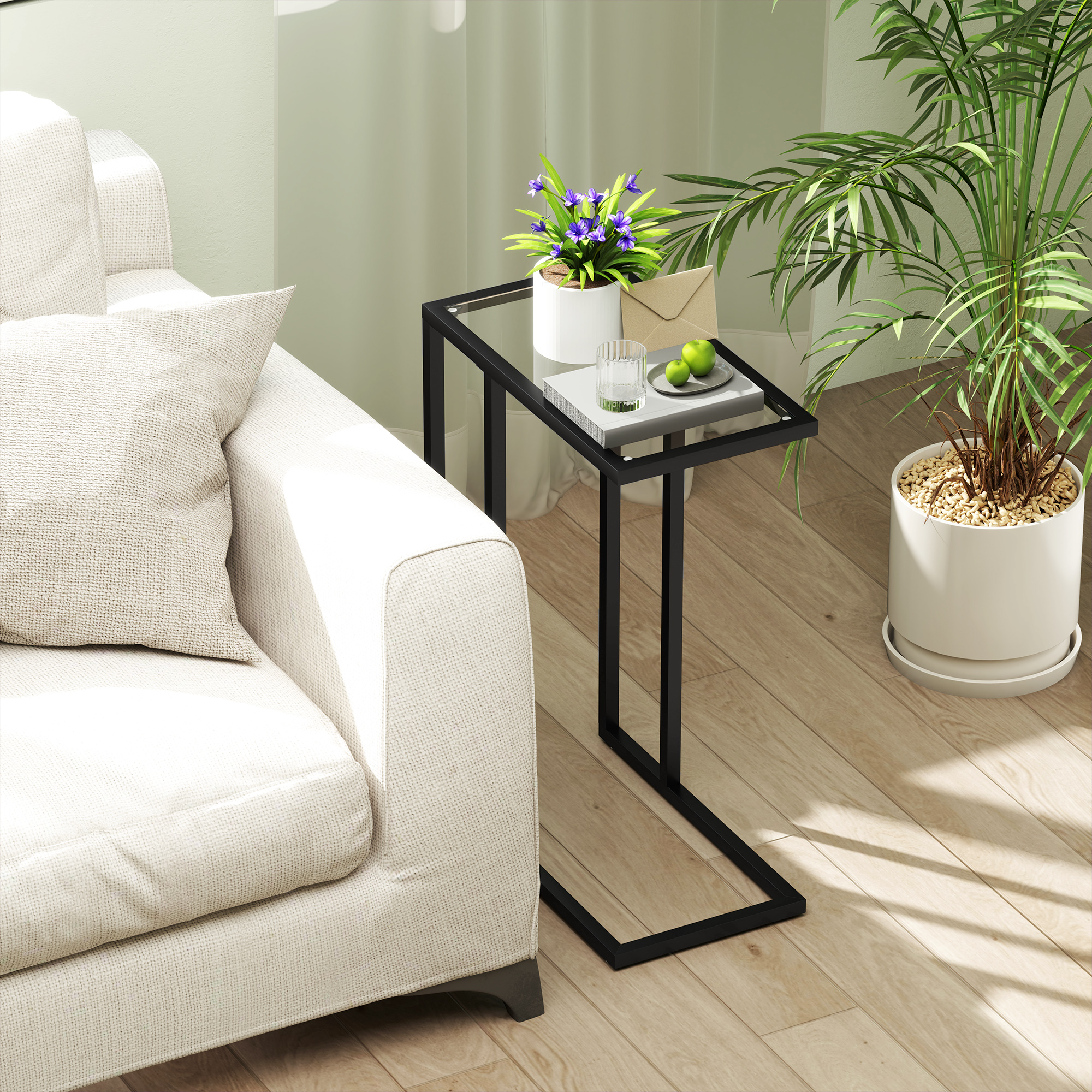 C-förmiger Beistelltisch mit Tischplatte aus gehärtetem Glas, Stahlgestell, Schwarz_voghion.com