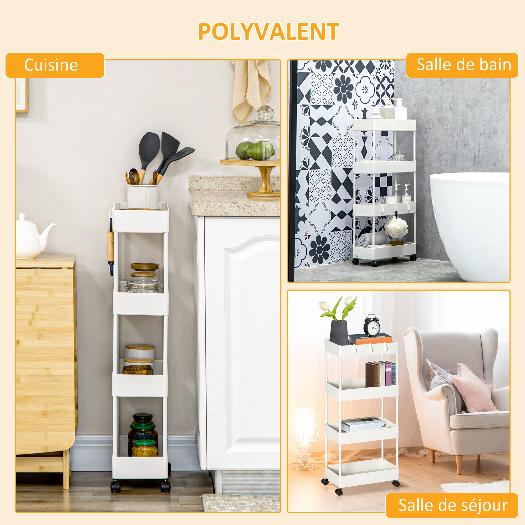 4-stöckiger Rollwagen mit herausnehmbaren Körben und Haken, weiß_voghion.com