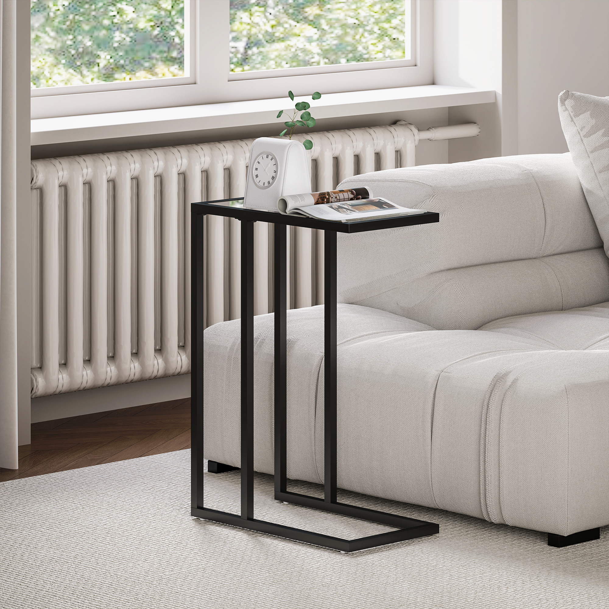 C-förmiger Beistelltisch mit Tischplatte aus gehärtetem Glas, Stahlgestell, Schwarz_voghion.com