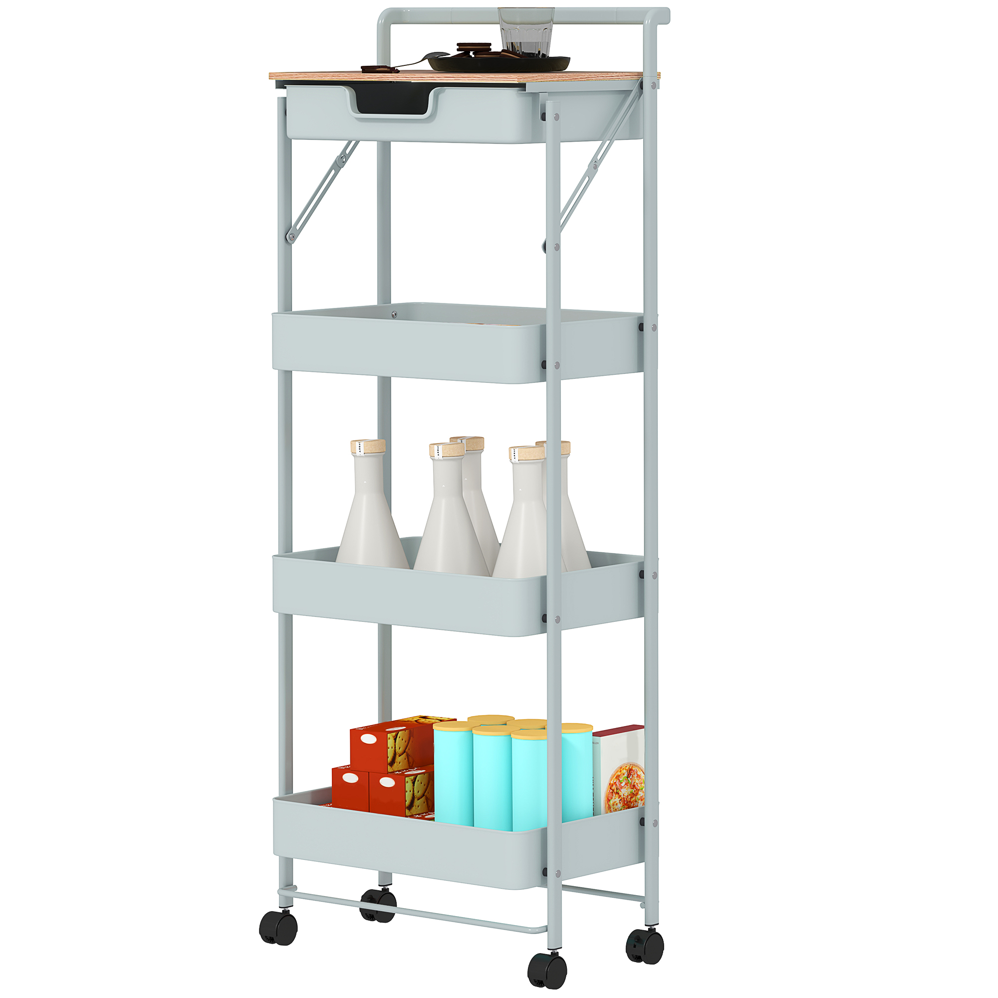 4-stöckiger Rollwagen mit Schublade, Ablage und Körben, Grün_voghion.com