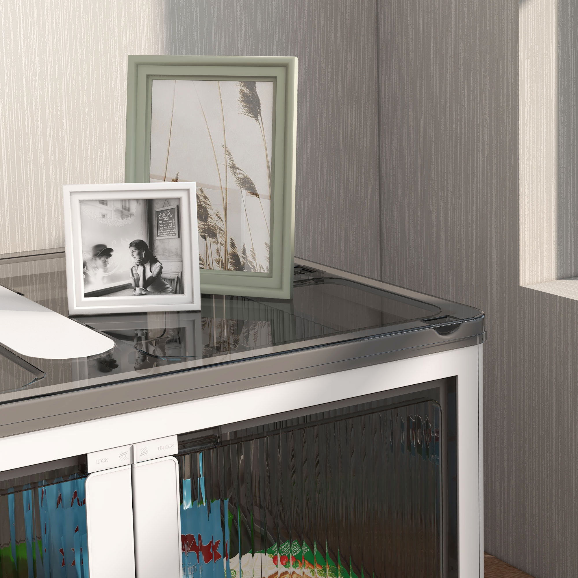 Faltbare und stapelbare 69-Liter-Aufbewahrungsbox aus Kunststoff mit Deckel und 4 Rollen, 5-seitiger Zugriff, weiß_voghion.com