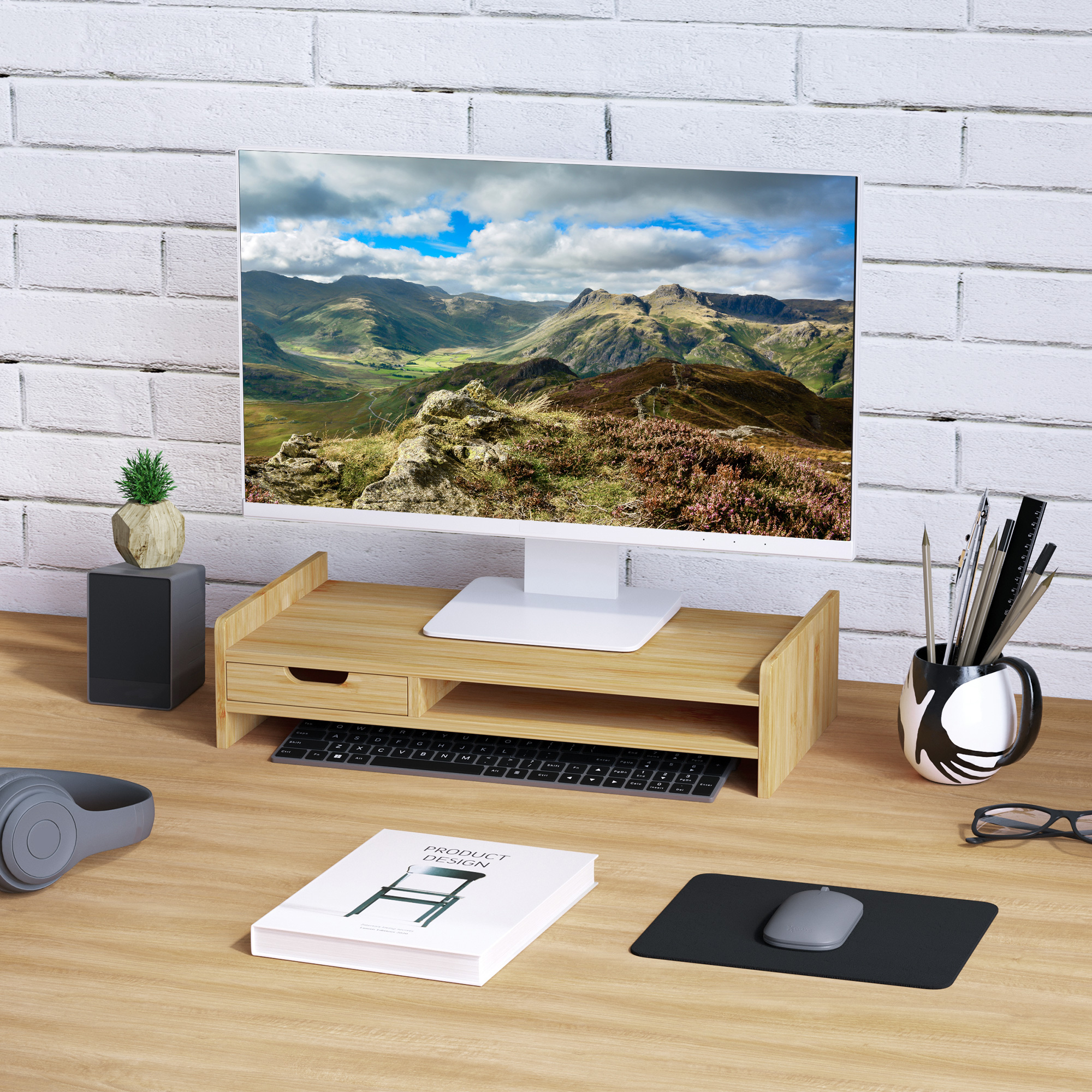 Bildschirmhalterung, Laptopständer, TV-Büro-Computer-Organizer mit Schublade aus Bambus_voghion.com