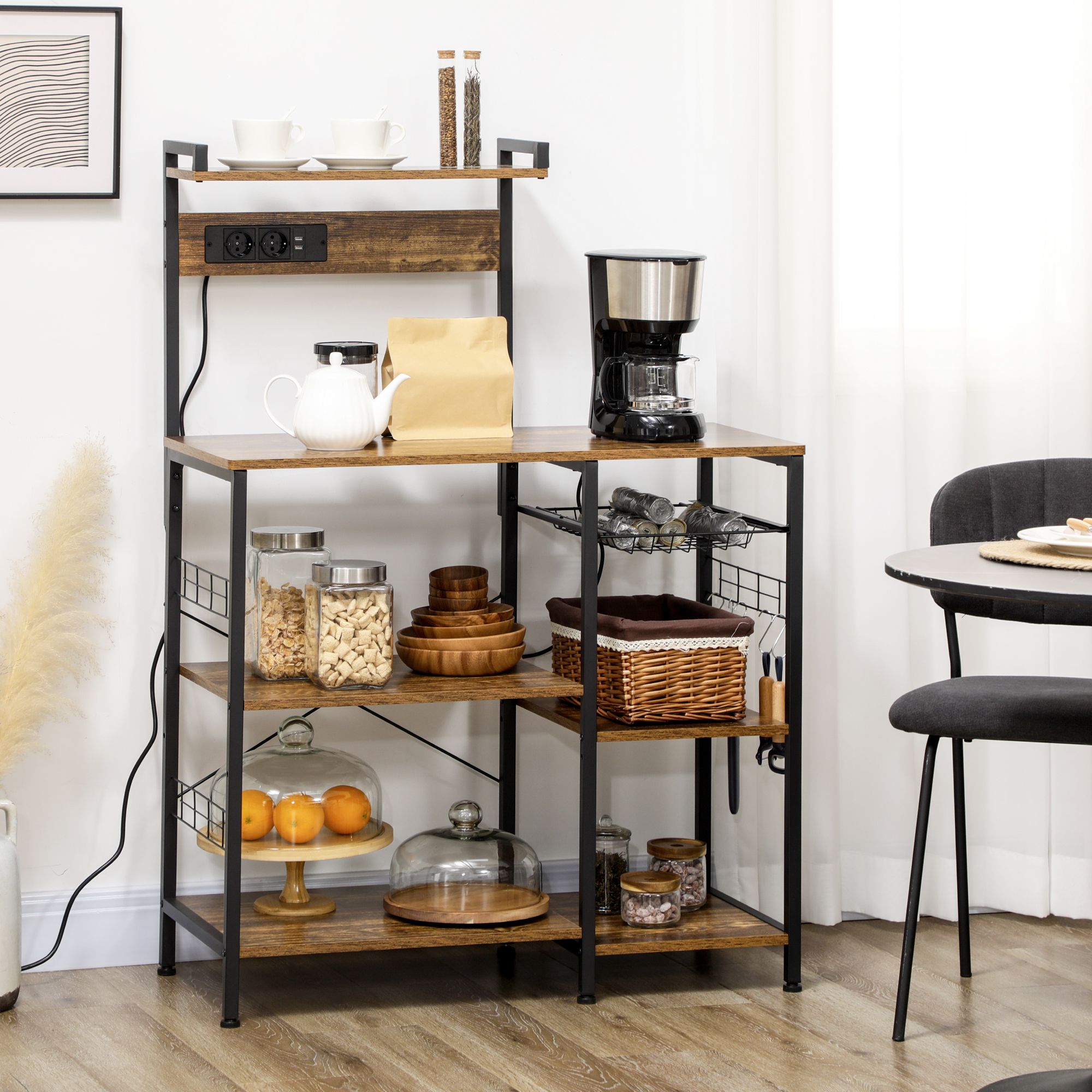Rustic Kitchen Microwave Stand With Usb Charging Port And Hooks_voghion.com