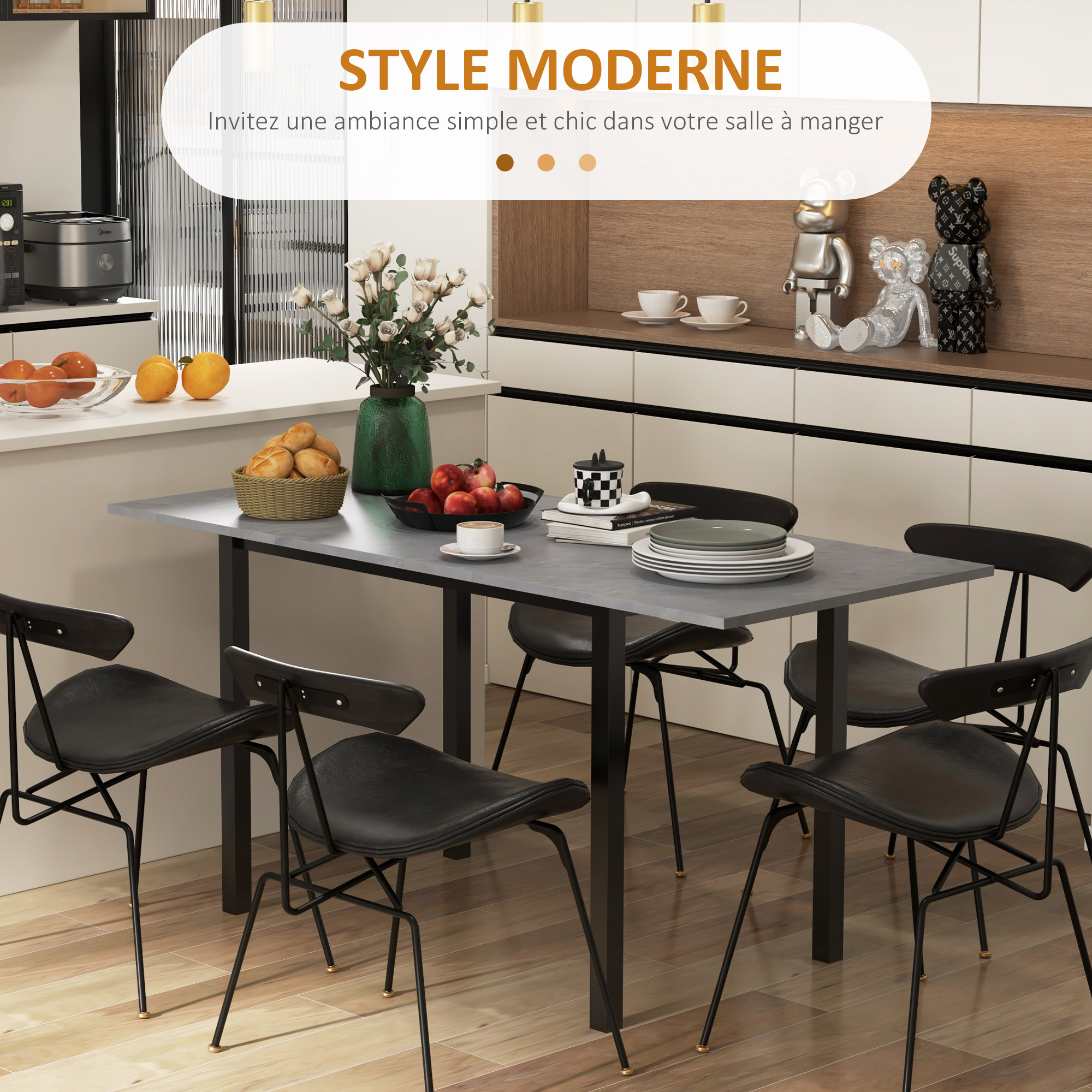 Ausziehbarer Esstisch, modernes Design, Küchentisch mit großer Tischplatte für 6 Personen, dunkelgraues Stahlgestell_voghion.com