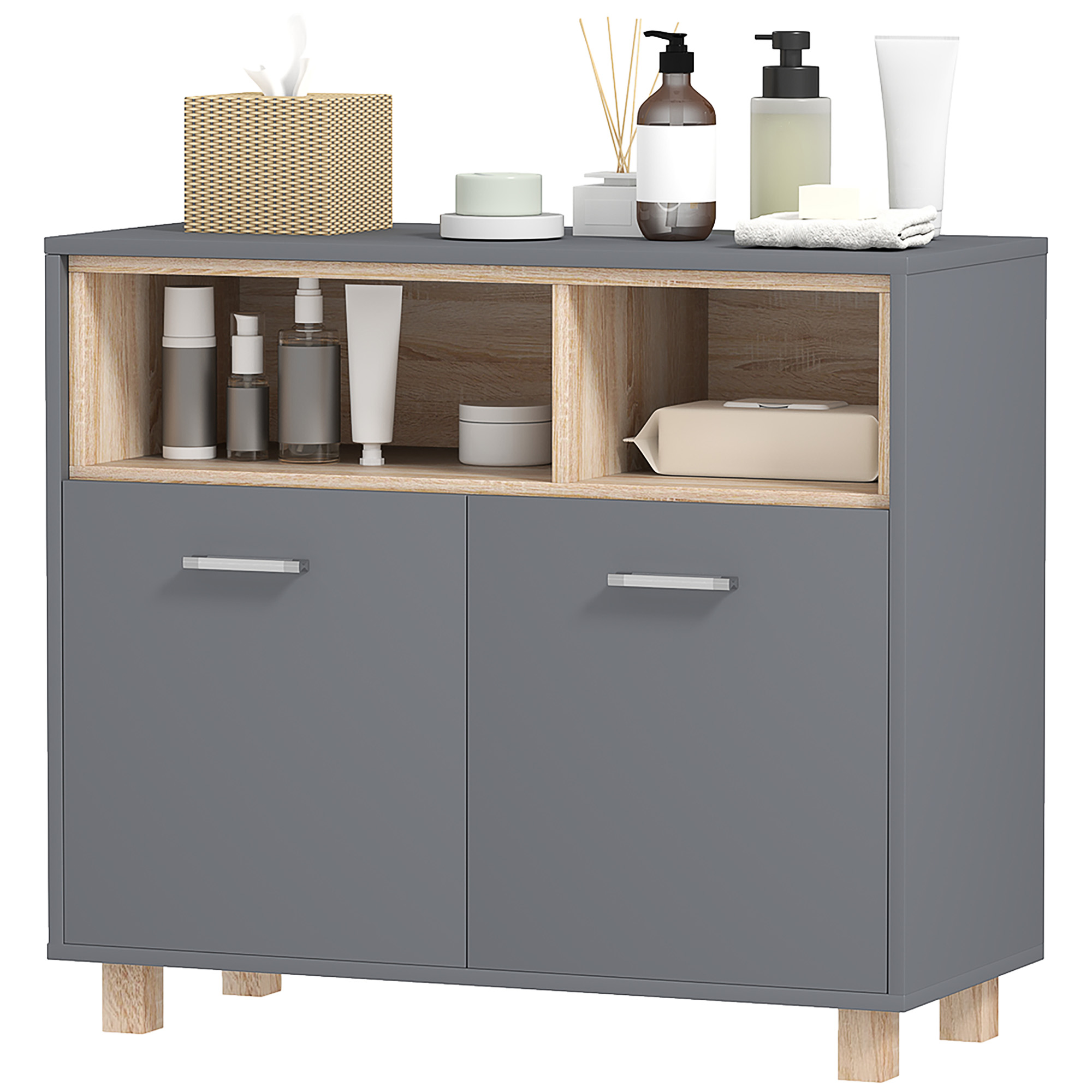 Badezimmerschrank, modernes Aufbewahrungsmöbel mit offenen Fächern und Doppeltüren_voghion.com