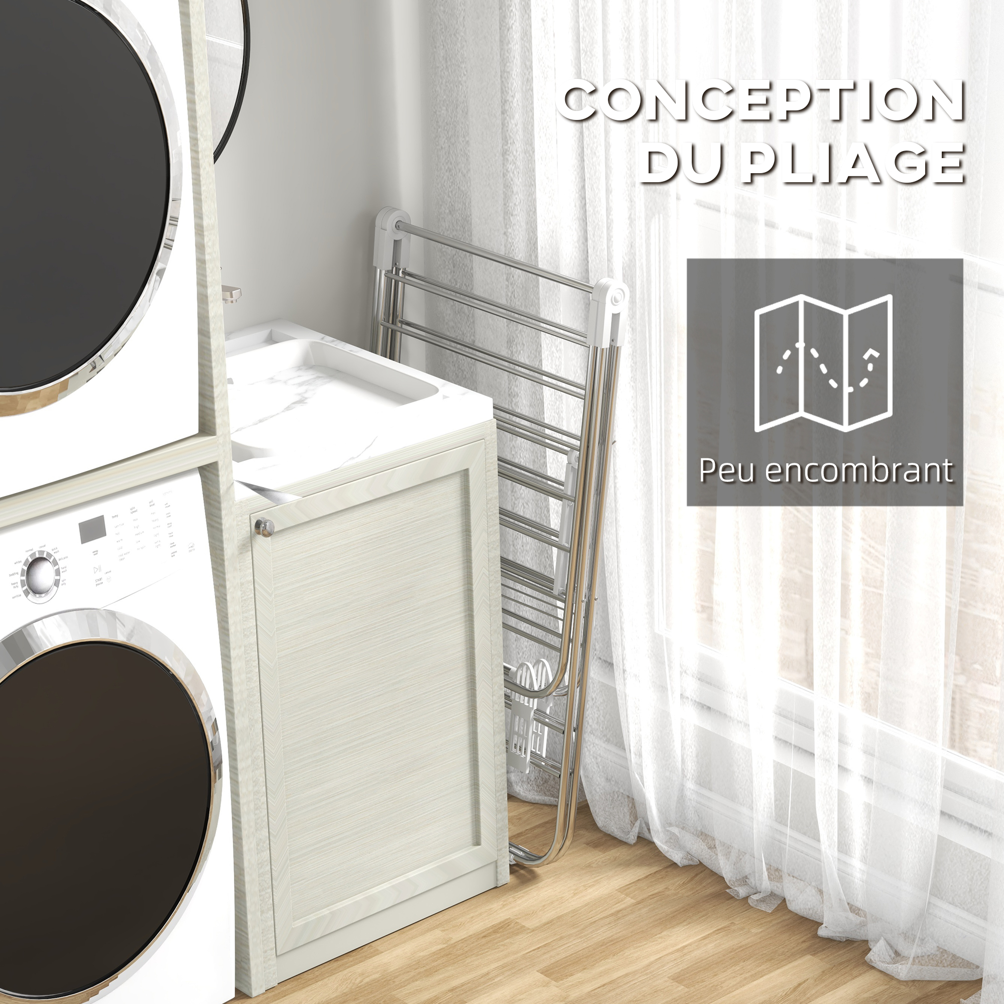 Zusammenklappbarer Wäscheständer, 2 verstellbare Ebenen, 148 cm (B) x 60,5 cm (T) x 98 cm (H)_voghion.com