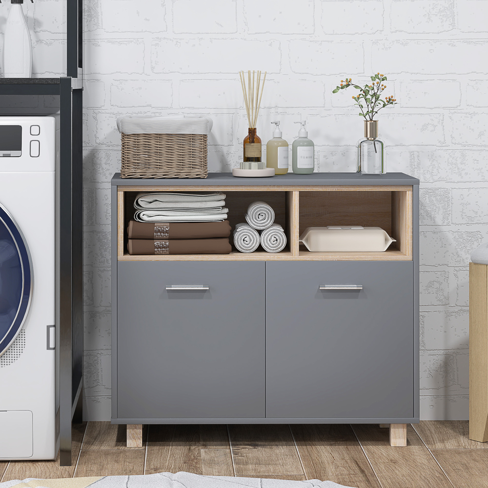 Badezimmerschrank, modernes Aufbewahrungsmöbel mit offenen Fächern und Doppeltüren_voghion.com