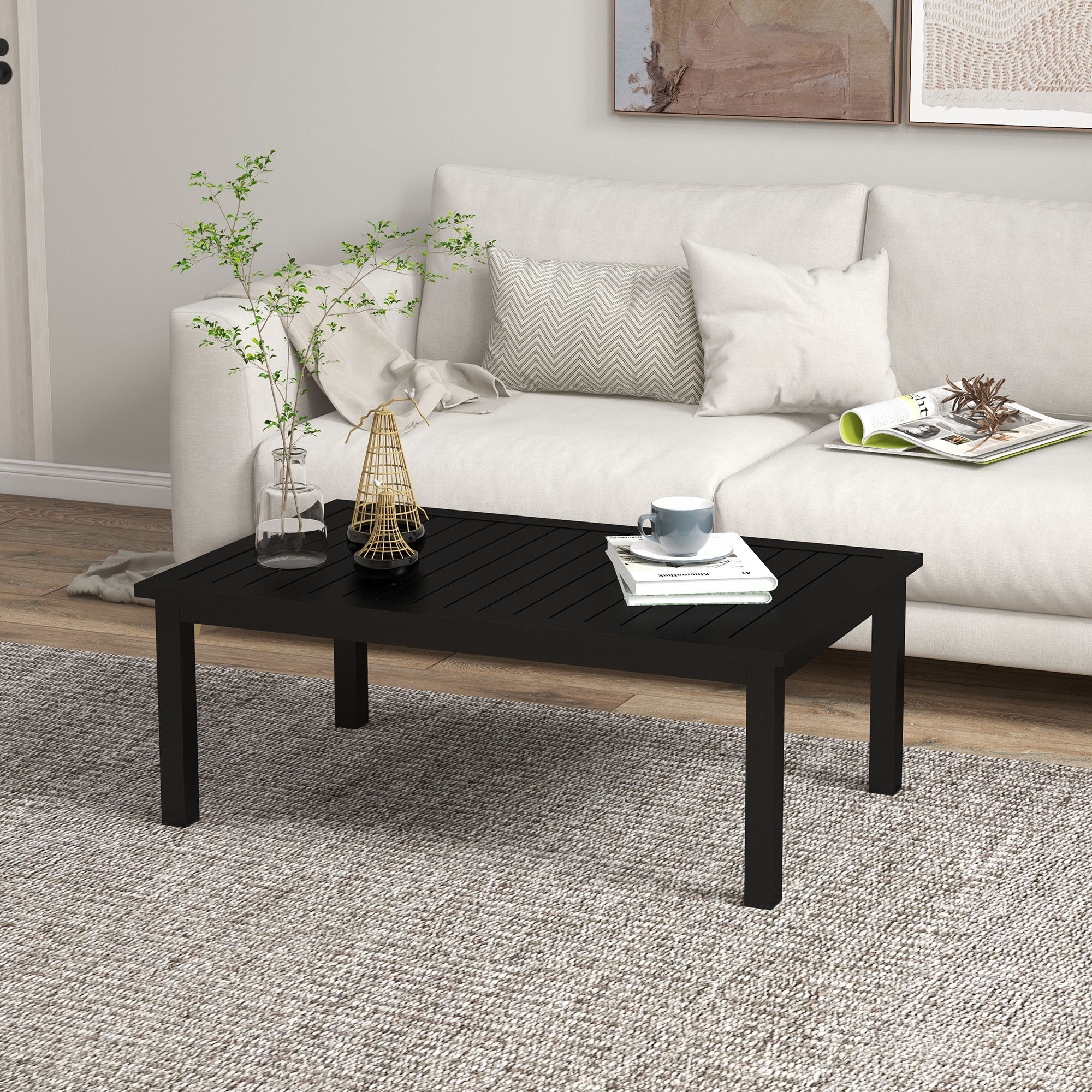 Mesa de centro negra con tablero de listones vista lateral