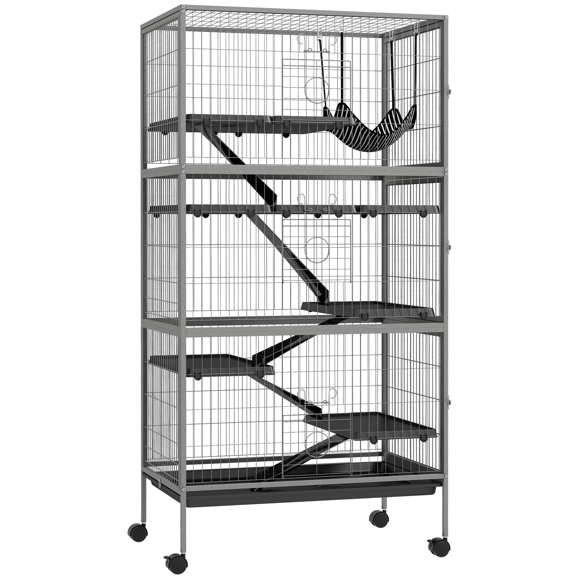 63" H Rolling Small Animal Cage with Hammock, Ferret Cage, Chinchilla Cage, Pet Habitat with 6 Doors, Removable Tray