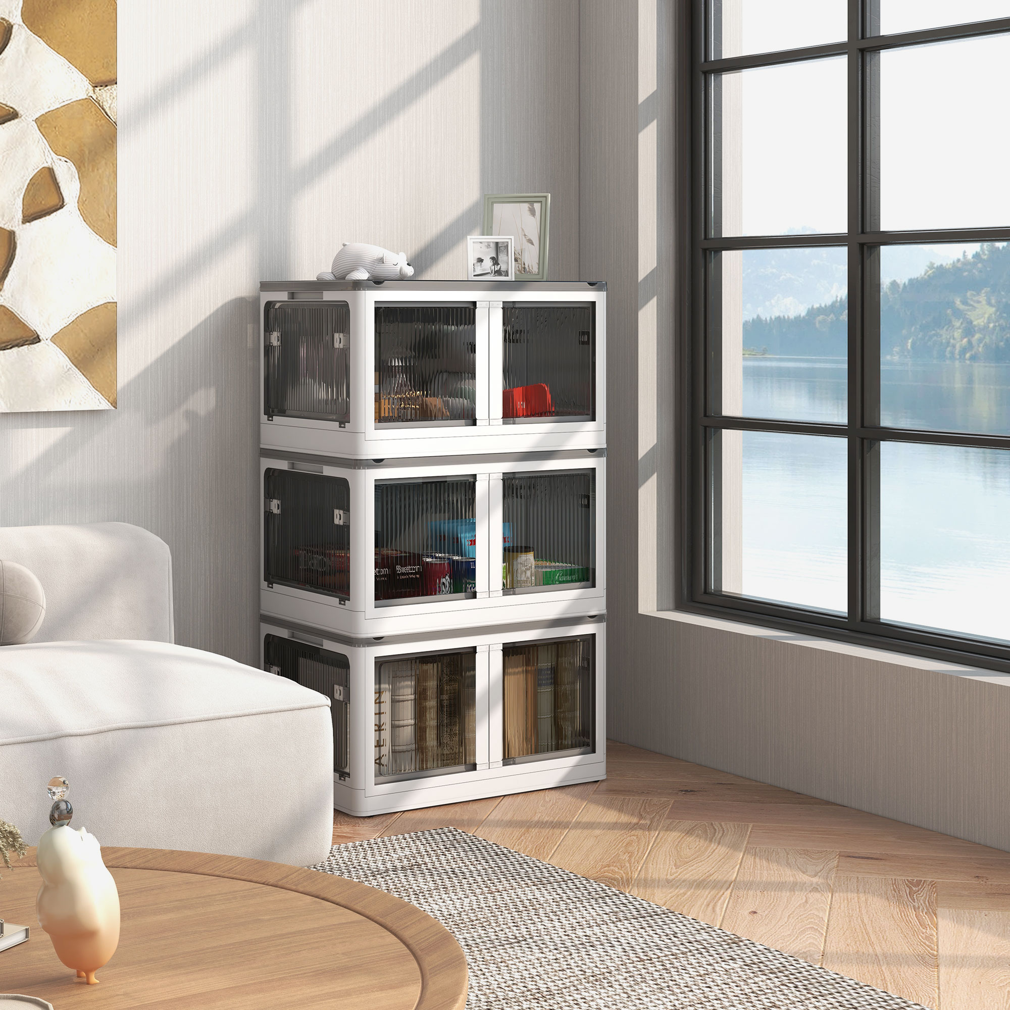 Faltbare und stapelbare 69-Liter-Aufbewahrungsboxen aus Kunststoff mit Deckel und 4 Rollen, 5-seitiger Zugriff, weiß_voghion.com