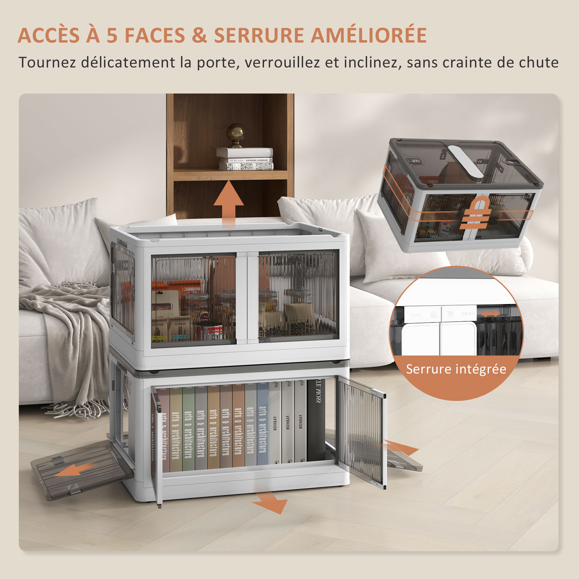 Faltbare und stapelbare 69-Liter-Aufbewahrungsboxen aus Kunststoff mit Deckel und 4 Rollen, 5-seitiger Zugriff, weiß_voghion.com